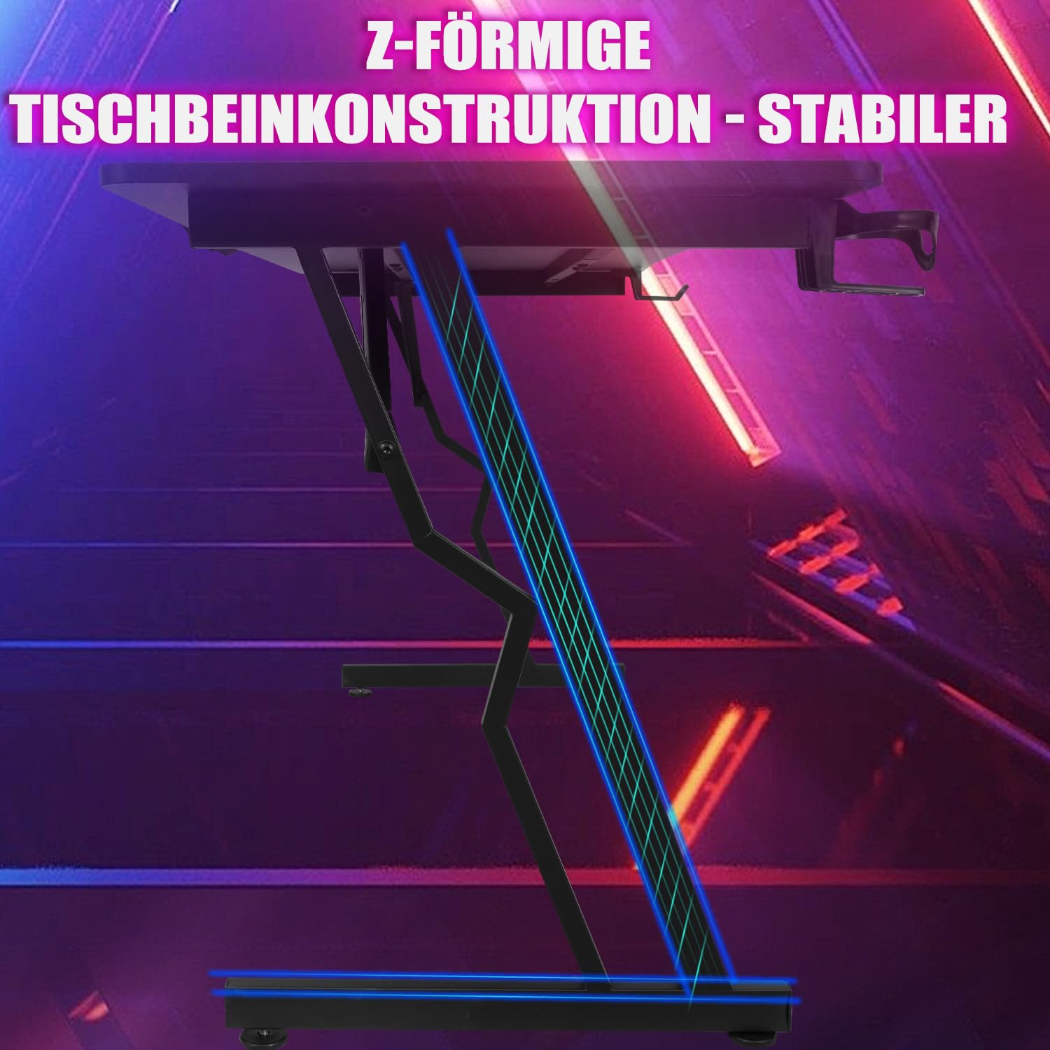 Scrivania da gioco, tavolo da gioco con LED 140 x 60 cm, tavolo a forma di Z con tappetino per mouse, tavolo per computer ergonomico per gaming con gancio per cuffie e porta bevande, tavolo