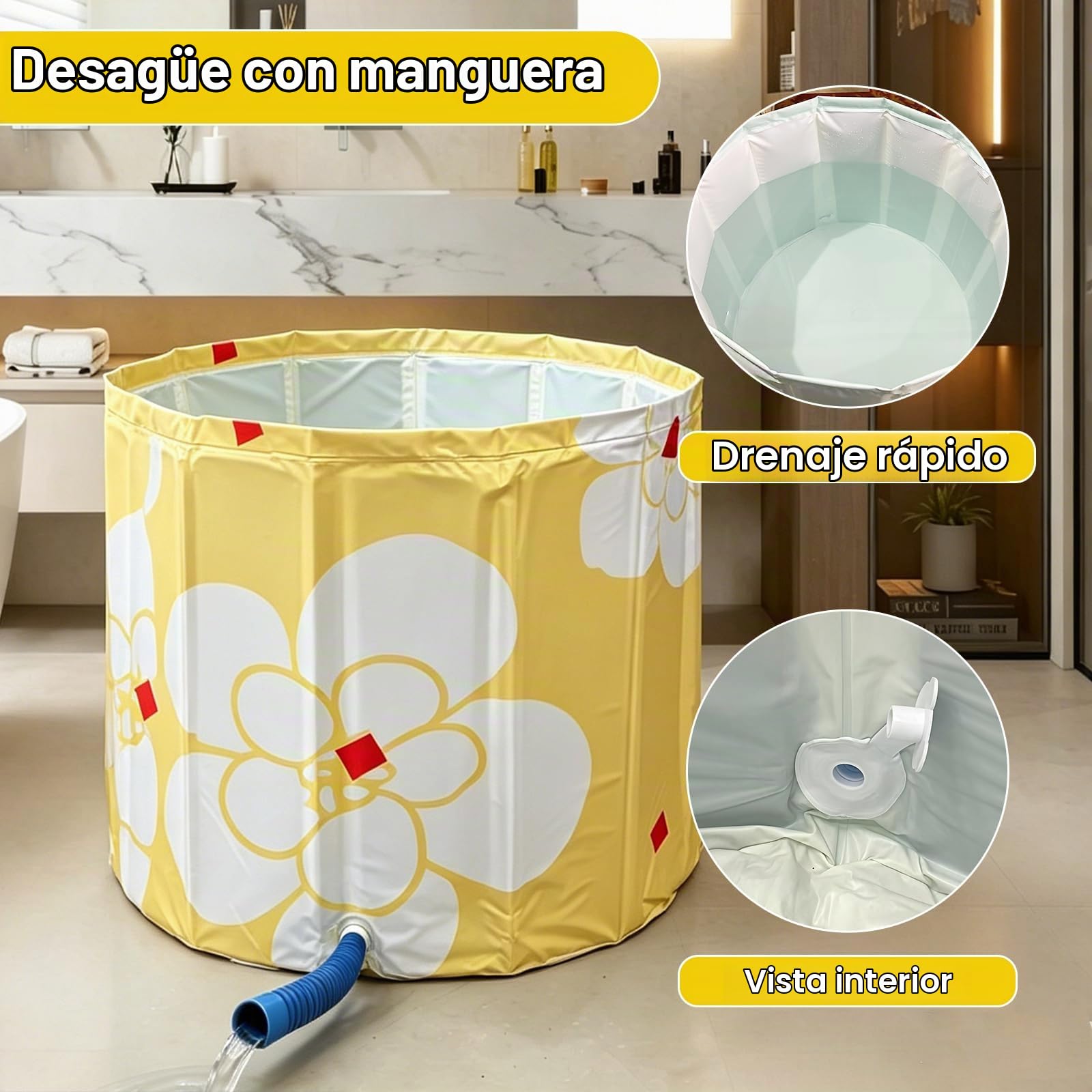 Bañera plegable de 70 × 65 cm para adultos – Bañera profunda portátil para agua caliente y fría con manguera de drenaje y cojín de asiento, ahorra espacio en la bañera plegable para baño