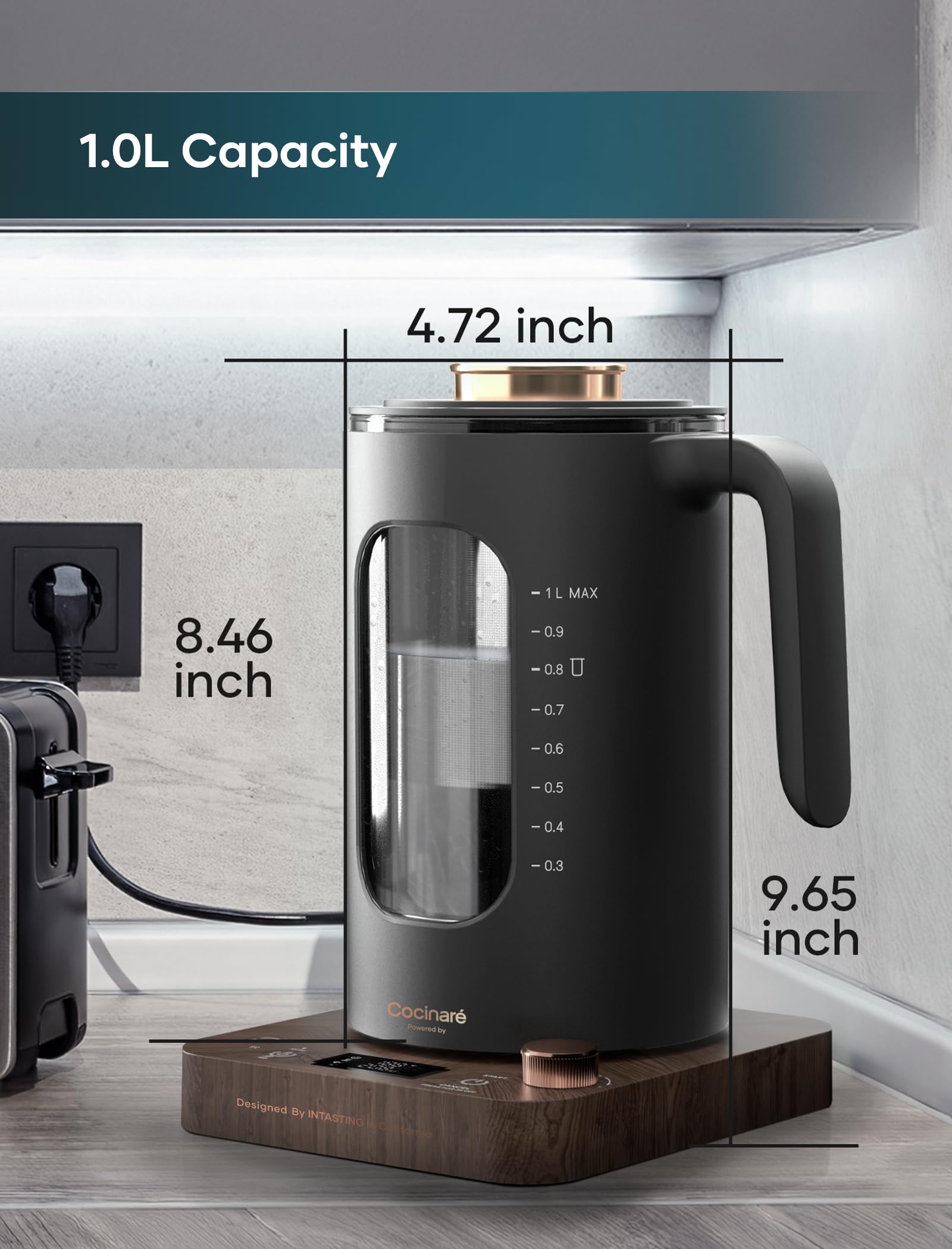 INTASTING Electric Kettle, Electric Tea Kettle with Infuser, 1 Liter | ±1℉ Temperature Control, 1200W Fast Heating, BPA-Free Glass, Easy to Clean, Keep-warm, Auto shut-off, Wood