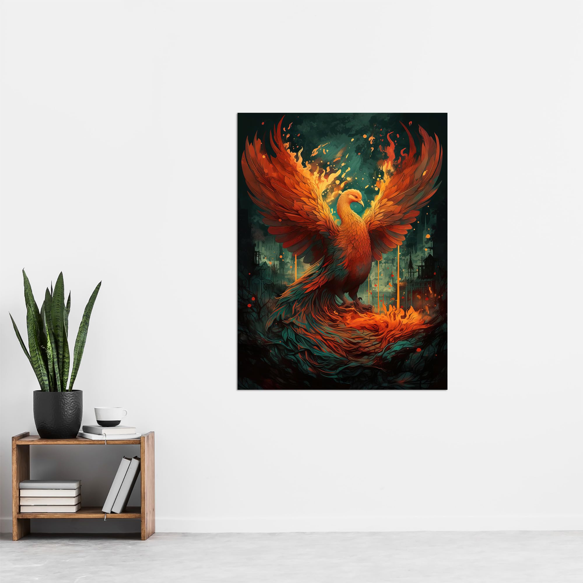 Artery8 Majestic Phoenix Bird Concept Painting Blue Orange Red Mythical Creature Rising from the Ashes Spreading Fire Wings Vibrant Portrait Extra Large XL Wall Art Poster Print - Image 4