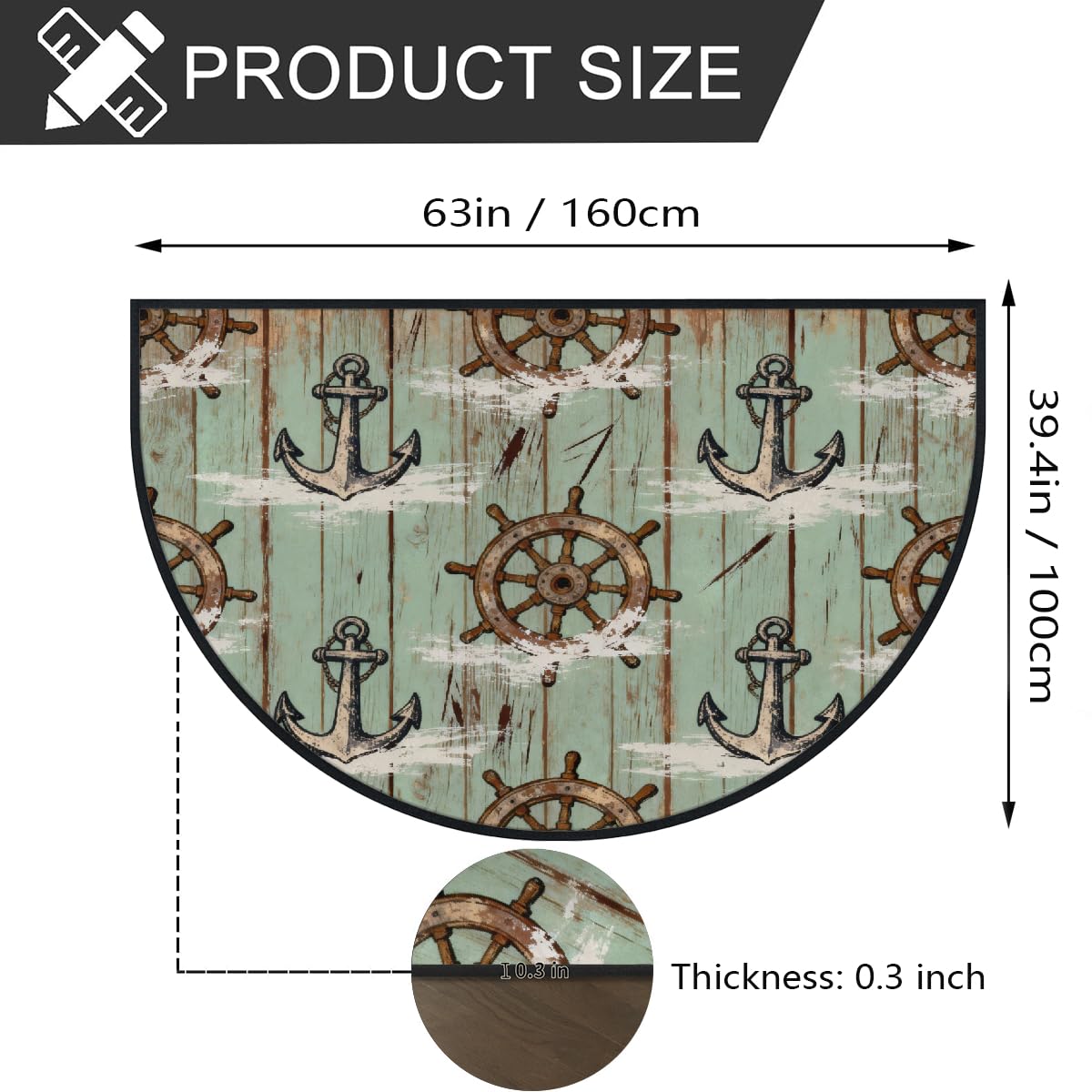 Anchor Coastal Fußmatte, groß, halbrund, saugfähig, rutschfest, halbrund, für Eingangsbereich, niedlich, weich, halbrund, waschbar, Teppich für Küche, Badezimmer, Schlafzimmer, 160 x 100 cm