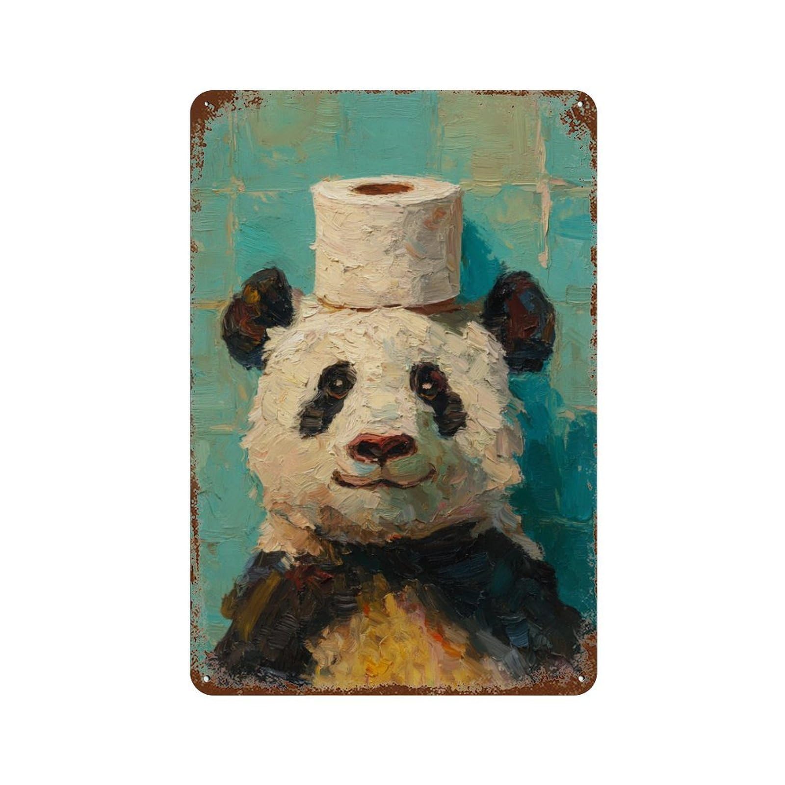 Panda with Toilet Paper Roll Hat-1 11.8"x7.9" Distressed Metal Wall Sign, Shabby Chic Decor for Shed, Workshop And Garage Wall Decor