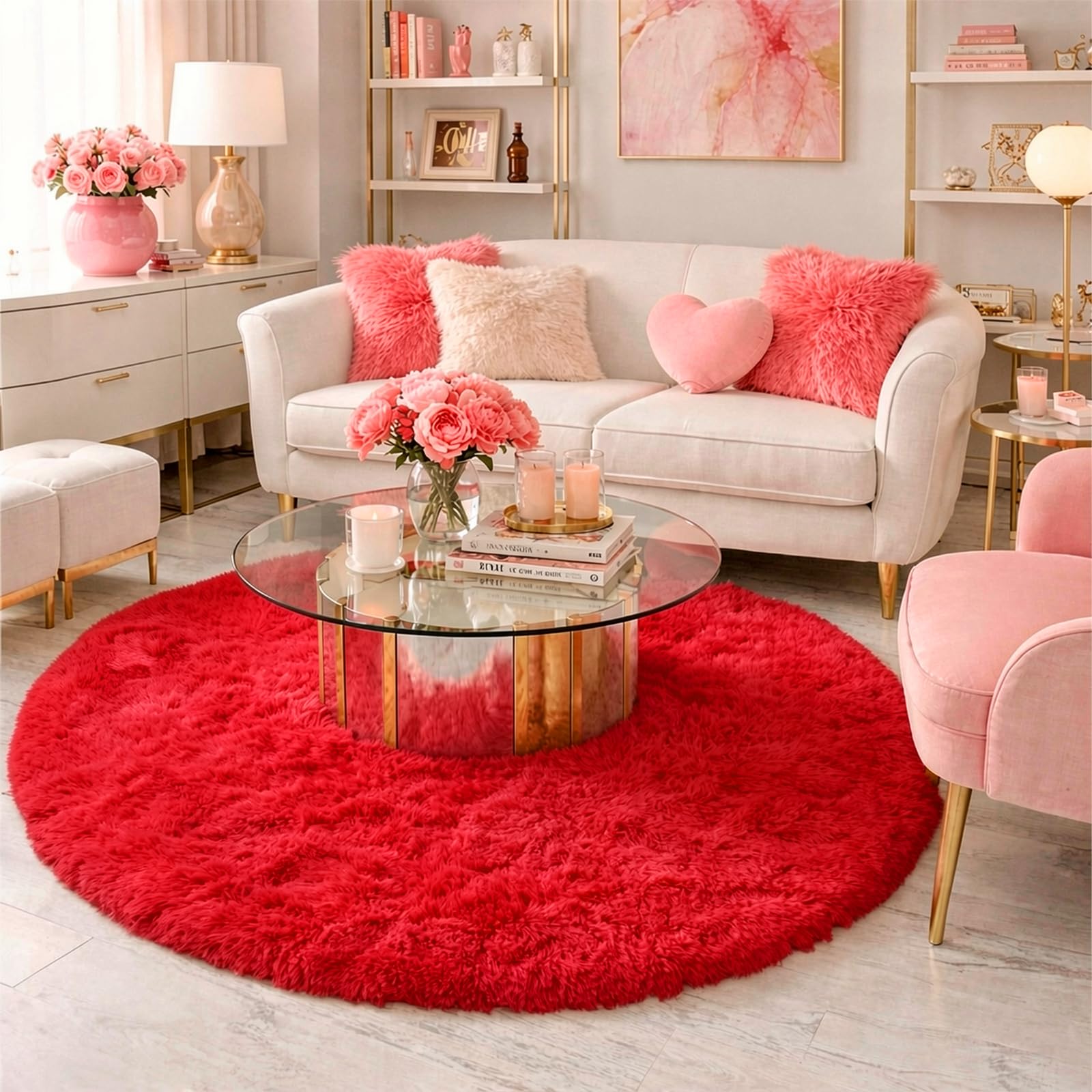 Amdrebio Red Round Rug - Fluffy Circle Carpet, 5'X5', Plush for Bedroom Kids, Teen Girls, Nursery, Dorm, Baby Room Decor - Image 3