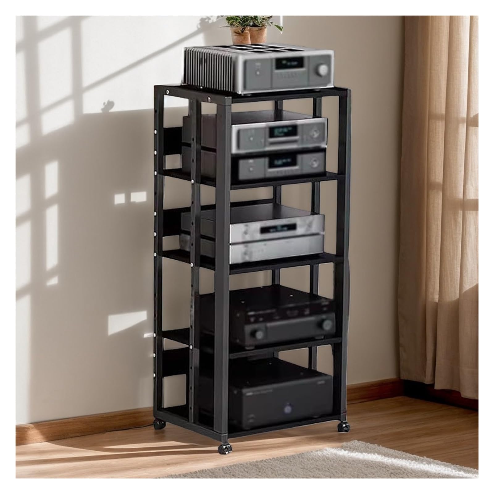 CWCQGH 5 Tier Rack Media Stand with Wheels Audio Video Shelving Unit for CD DVD Record Player & Game Console Storage Stylish Stereo Cabinet for Home & Office Theater