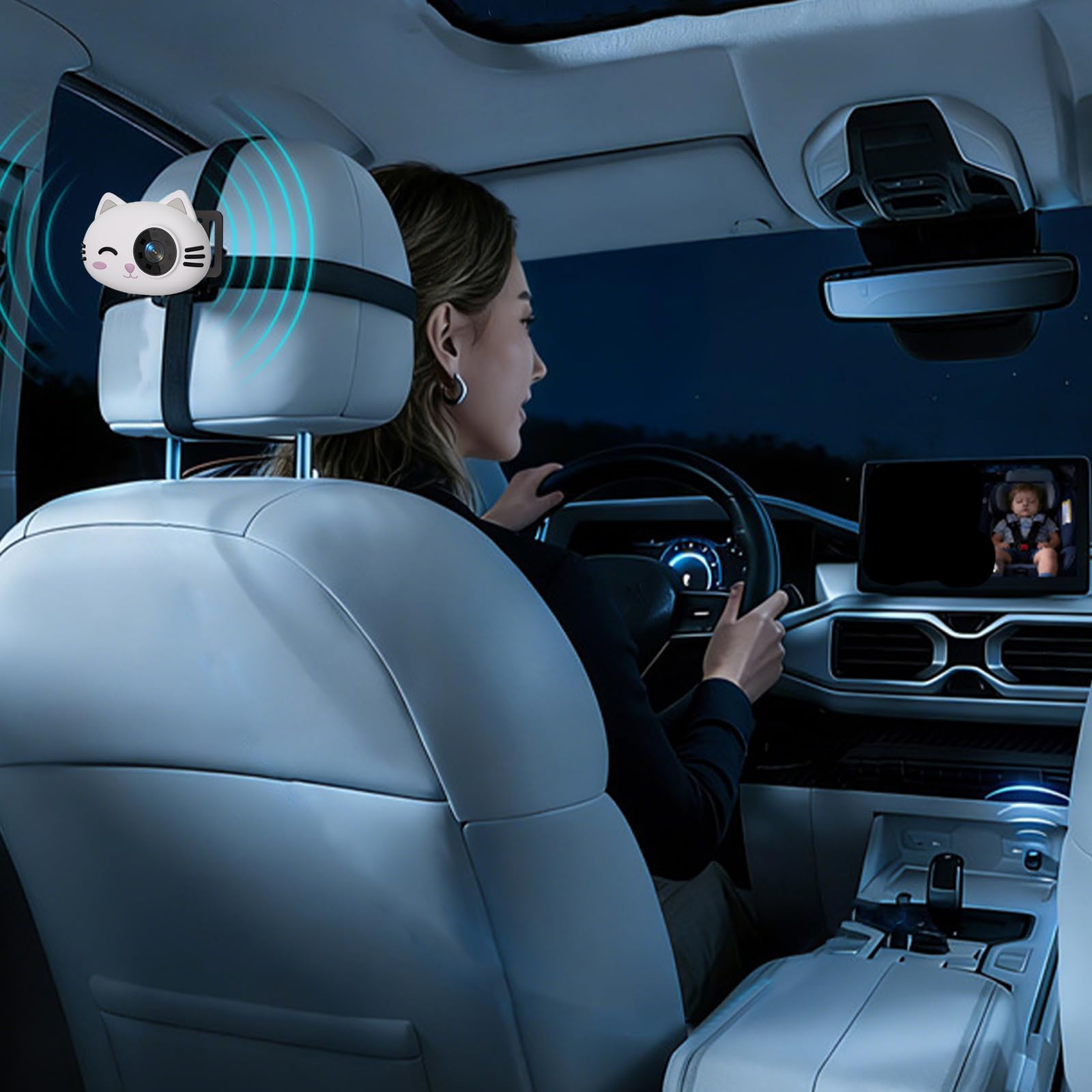 Cámara de coche para bebé y adaptador inalámbrico CarPlay 150 gran angular en tiempo real, cámaras de monitor de asiento trasero giratorio 360 grados 1080P HD, monitor de asiento trasero de