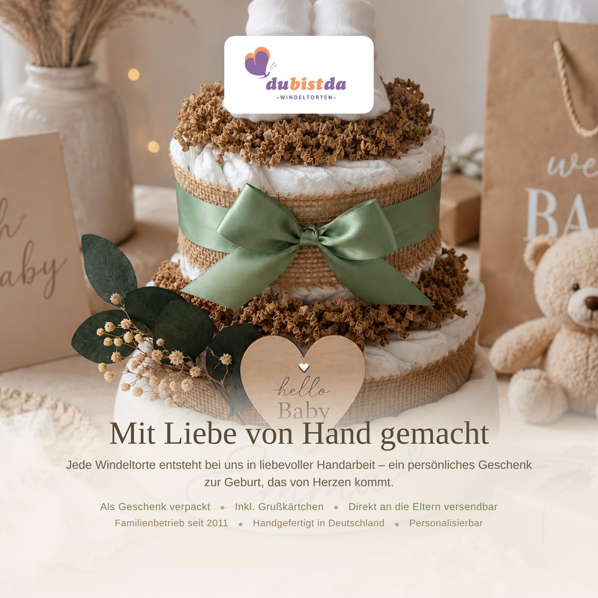 Öko Windeltorte ECO FRIENDLY altrosa – 45 Eco by Naty Öko-Windeln in Kraftpapier ohne Plastikfolie | Geschenk zur Geburt
