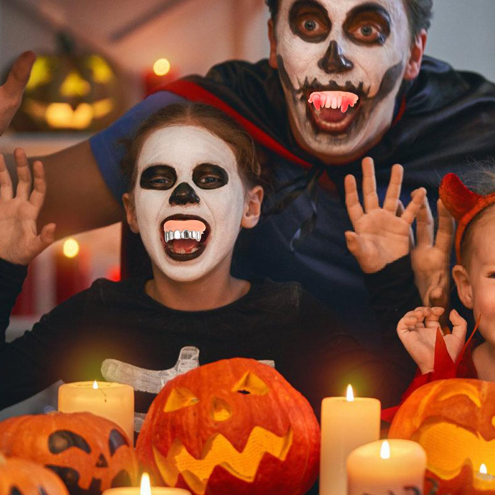 Didiseaon Halloween Teeth Prop Funny Fake False Teeth Vampire Denture Teeth Ghost Zombie Costume Gag Ugly Golden Silver Teeth Halloween Party Favor