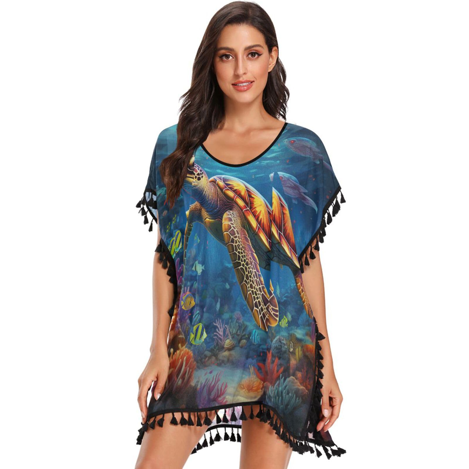 Colorful Sea Turtles Blue Fishes Women's Beach Cover Up Chiffon Tassel Swimwear Swimsuit Coverups for Girl