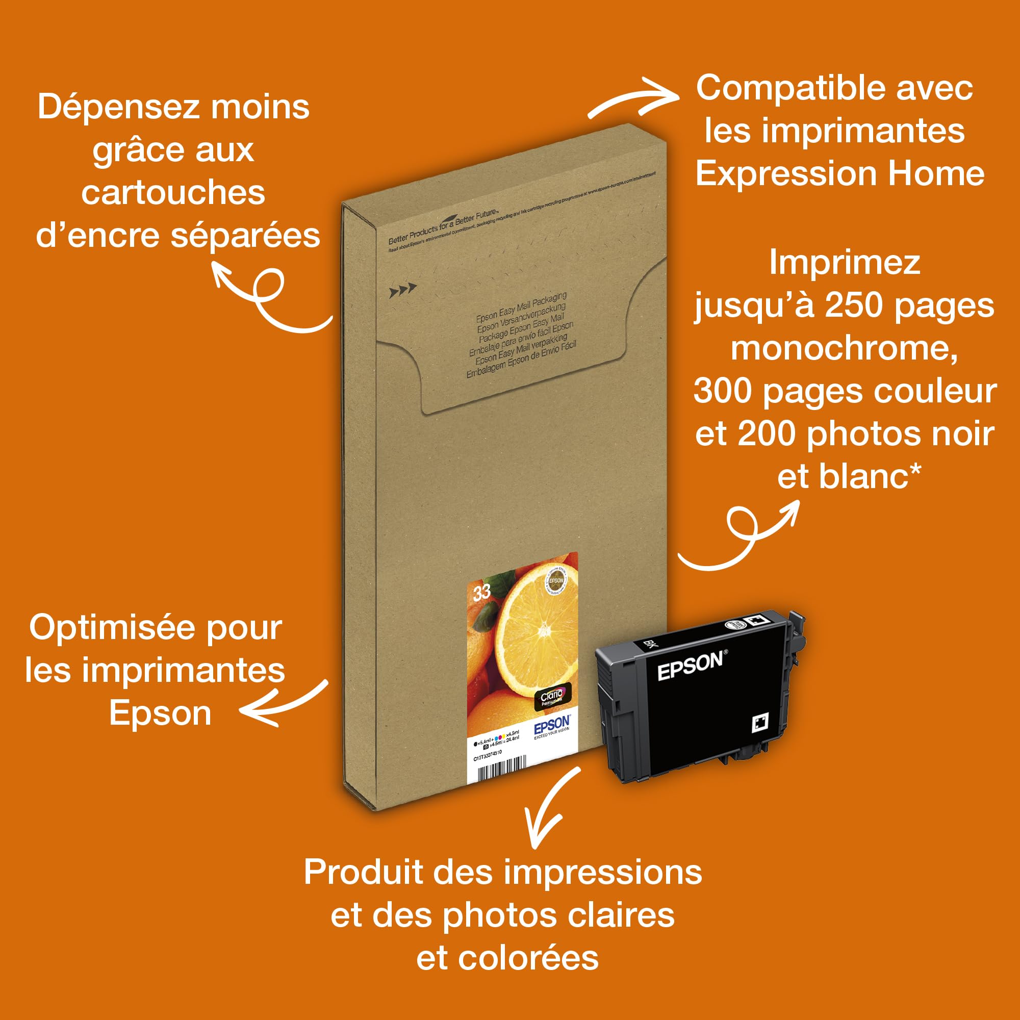 Epson 33 Oranges Genuine Multipack, Eco-Friendly Packaging, 4 - colours Ink Cartridges, Claria Premium Ink, Five Color