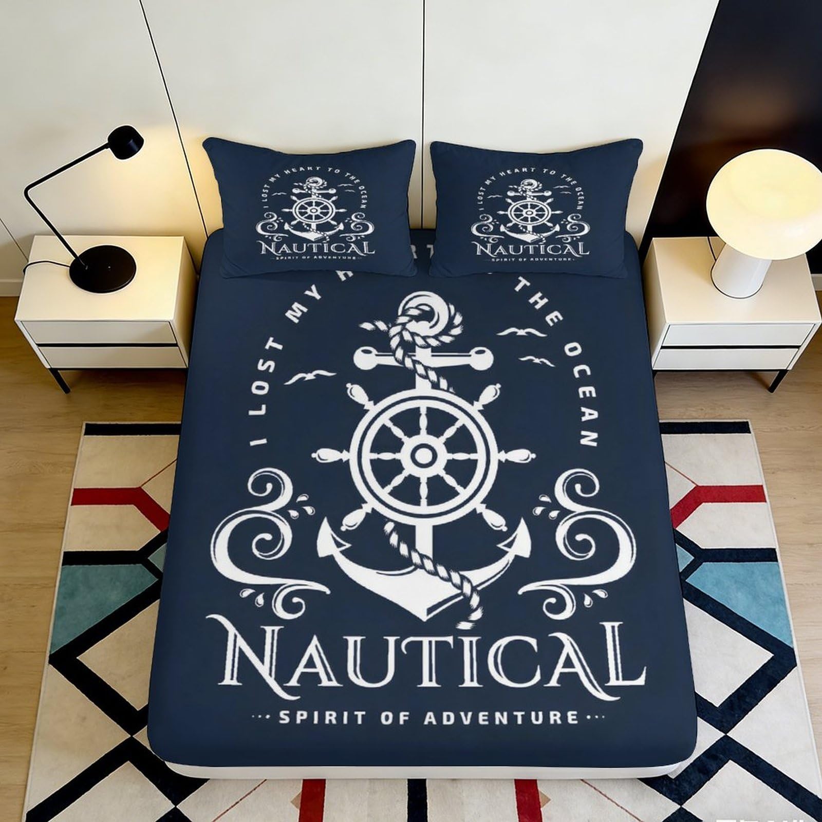 3D Printed Nautical Anchor Fitted Sheet Microfiber Navy Blue Coastal Ship Wheel Bed Cover for Bedroom Dorm Mattress Protection 200x200x25cm