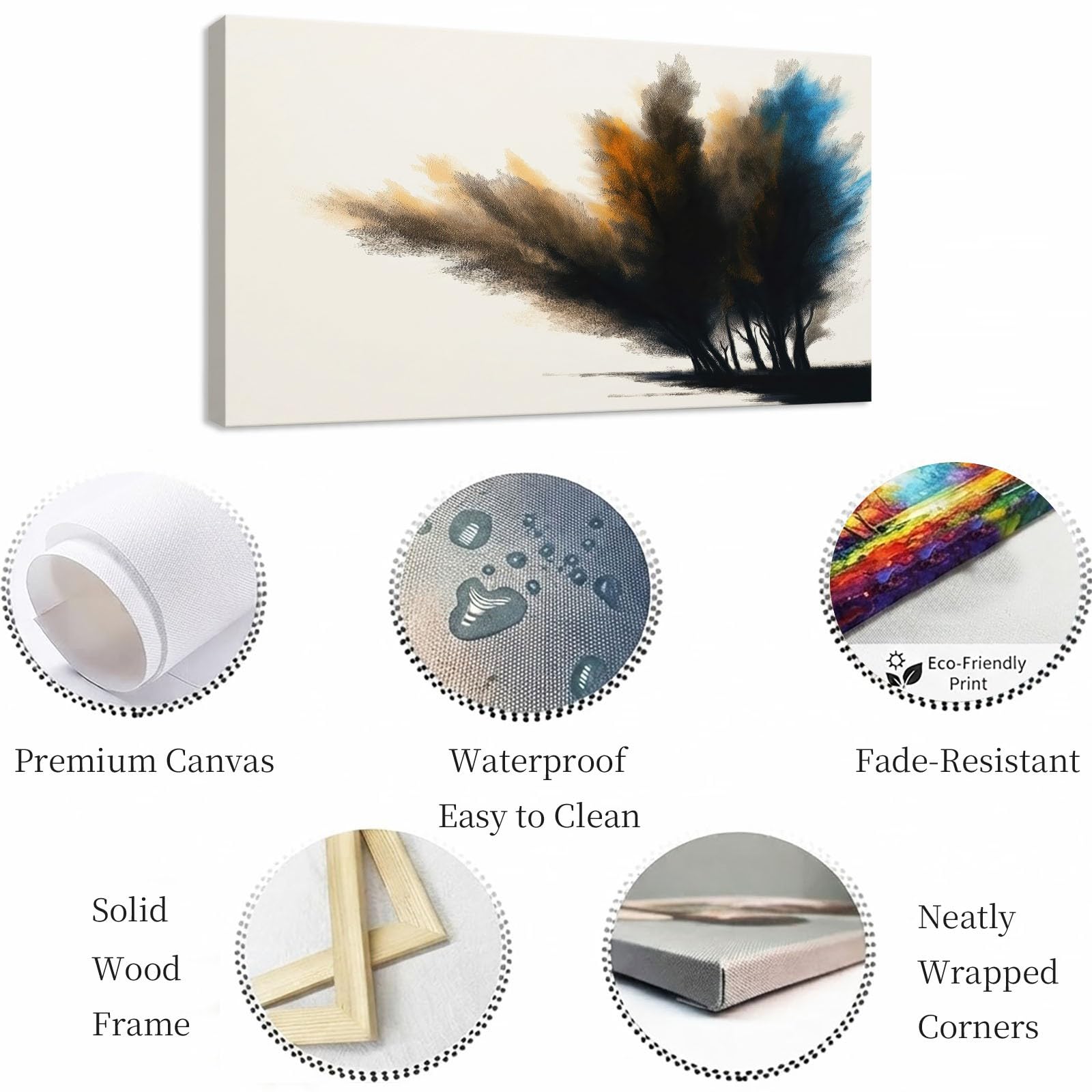 Leinwandbild 120 x 80 cm Leinwandbilder mit Abstrakt, Bild auf Leinwand - Kunstdruck auf Canvas, Bilder Wanddeko für Wohnzimmer, Schlafzimmer, Esszimmer, Tusche Bäume Beige