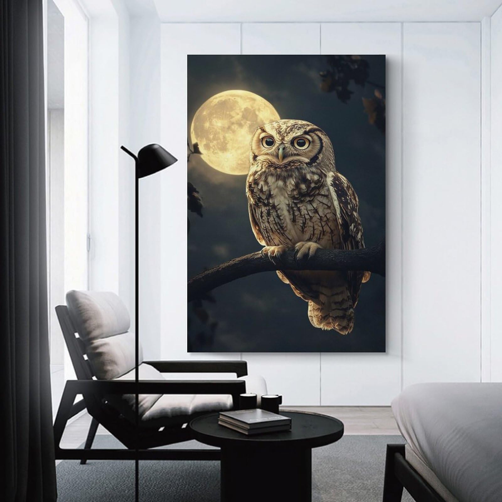Junmoney Decorative Wall Artwork Owl Under Full Moon, 24x36inch(60x90cm), for New Homes, Bedrooms Or Workspaces, Canvas Artwork with Gifting Potential