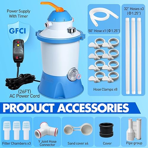 Miniatura 9 de Bomba de filtro de arena de piscina de 1000 GPH para piscinas sobre el suelo, bomba de arena de piscina con temporizador, ahorro de energía, bajo