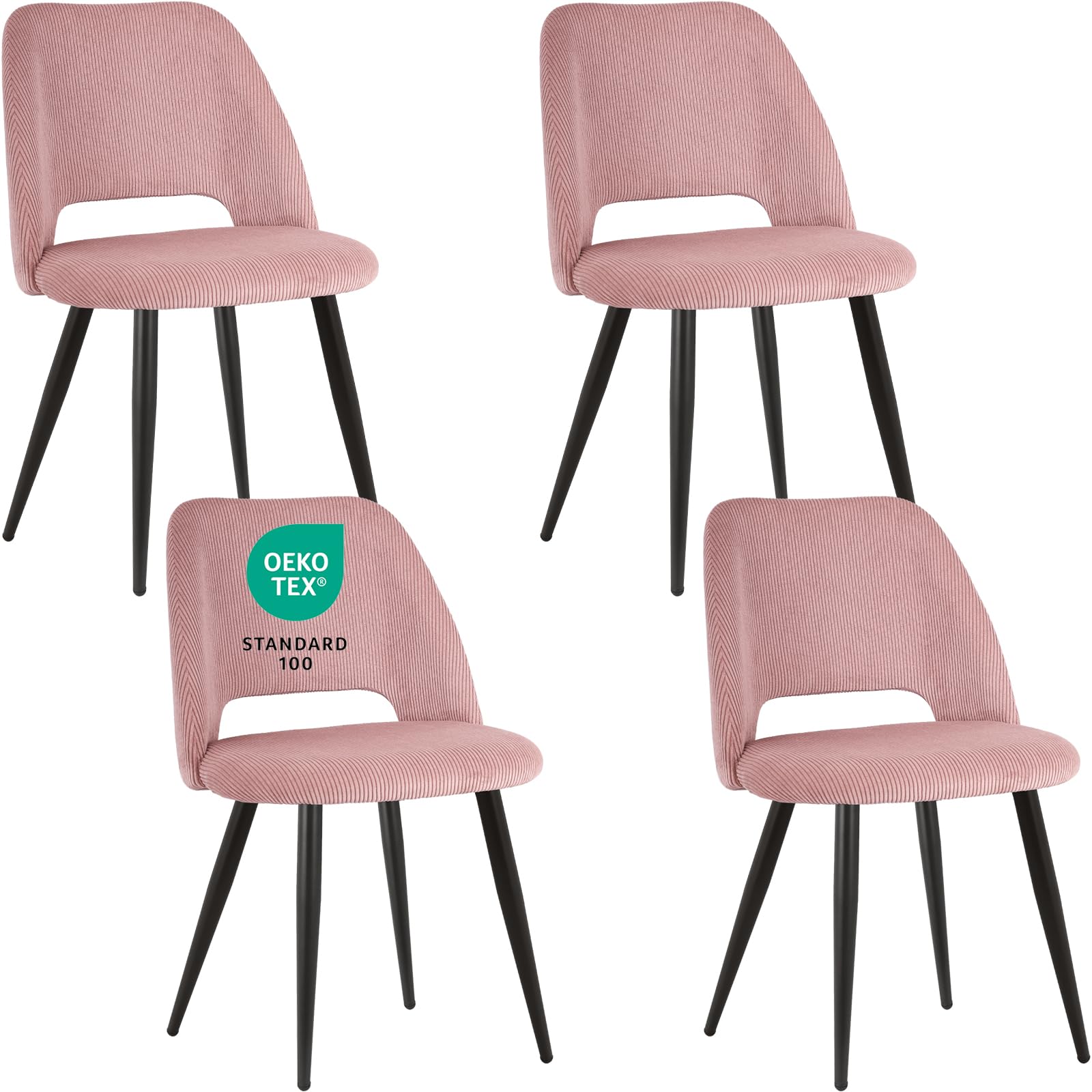 Pack de 4 Sillas de Comedor, Sillas de Cocina, Sillas de Salón, Sillas de Terciopelo a Rayas con Respaldos Recortados, Sillas Tapizadas para Comedor, Cocina, Dormitorio, Recepción, Rosa