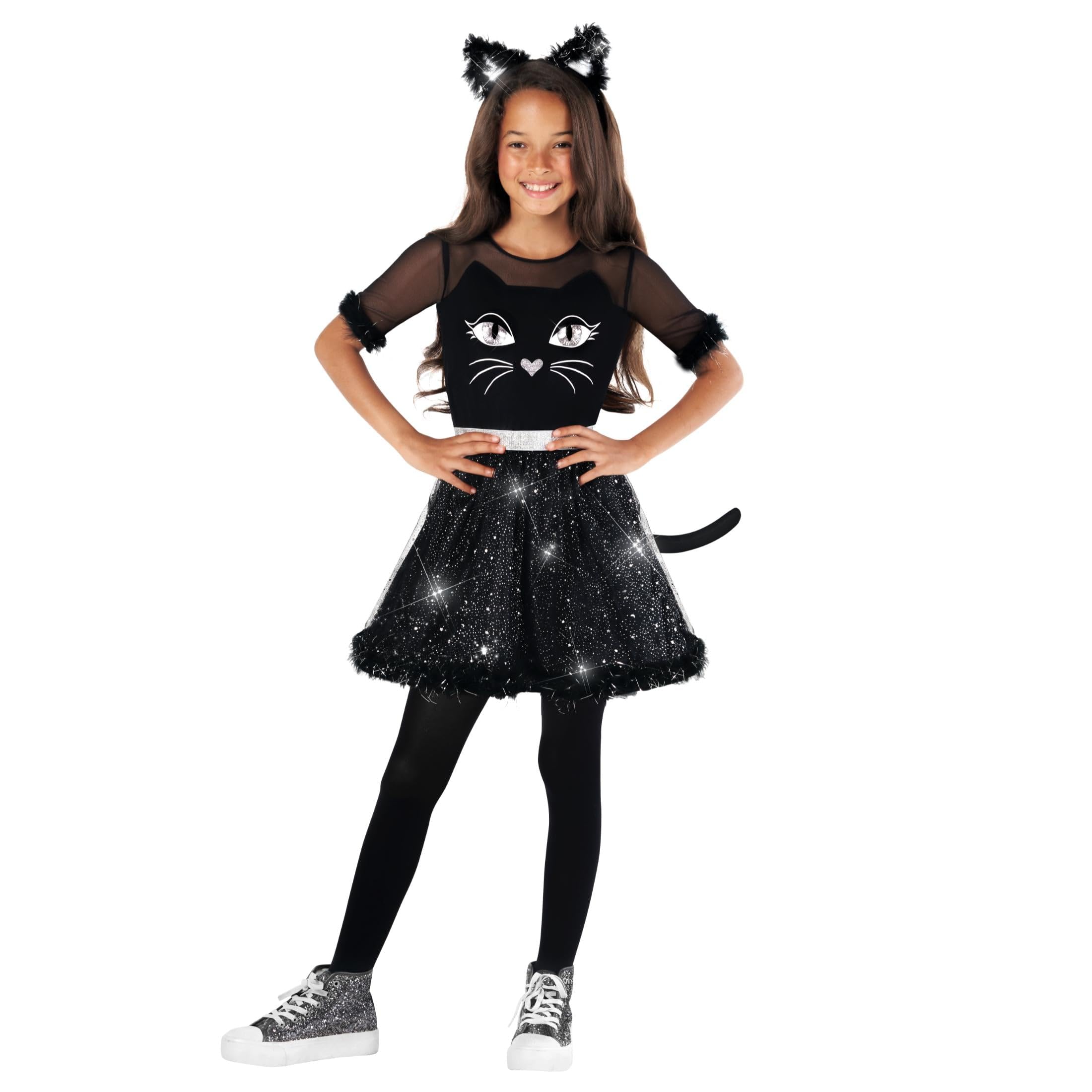 Morph Disfraz Gato Negro Niña, Disfraz Halloween Niña | Vestido con Cola, Falda de Purpurina & Diadema con Orejas, Perfecto para Halloween, Ideal para Juegos de Rol