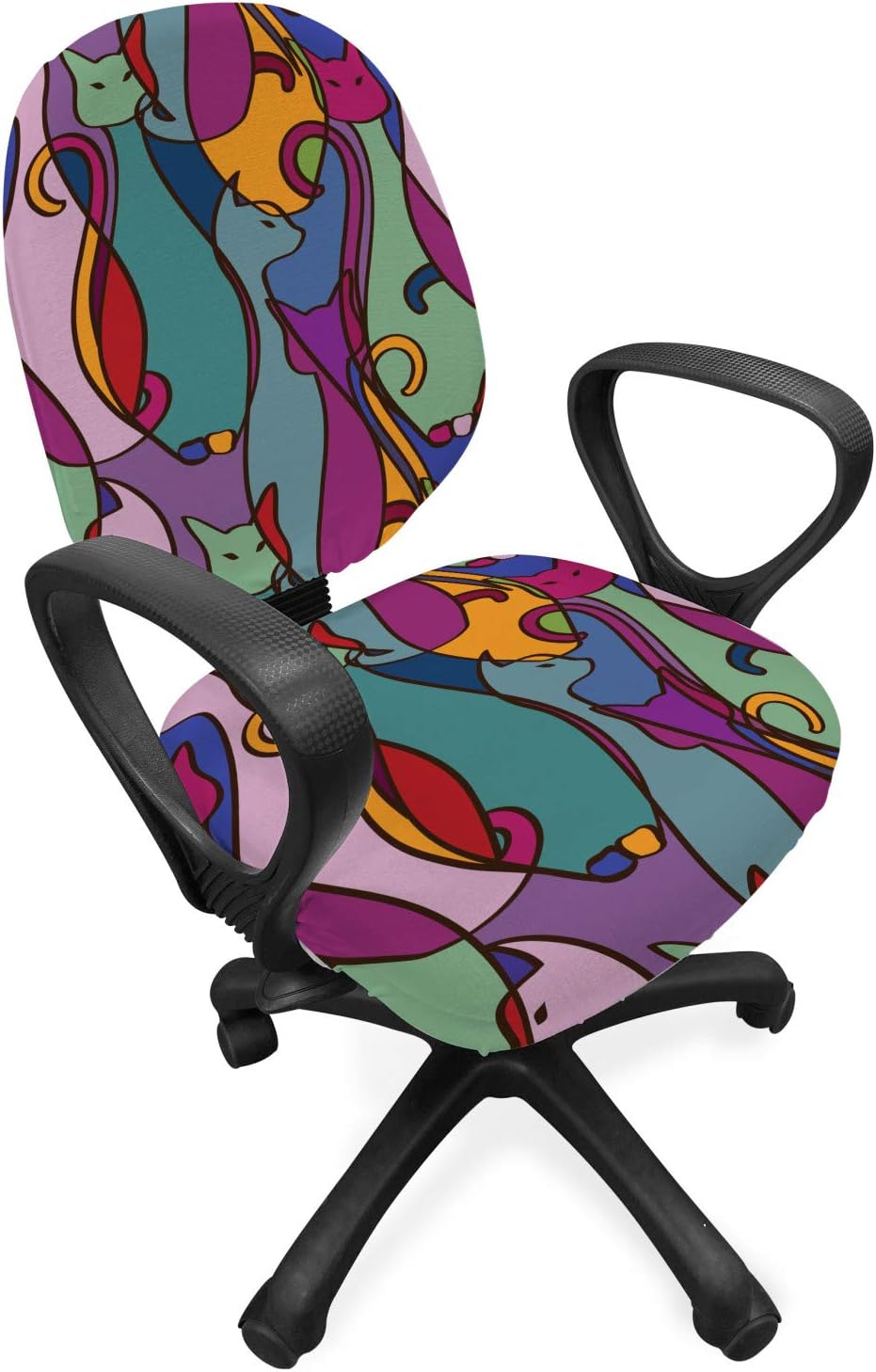 Ambesonne Cat Office Chair Slipcover, Geometric Colorful Cats Abstract Composition Cultural, Protective Stretch Decorative Fabric Cover, Teal Purple