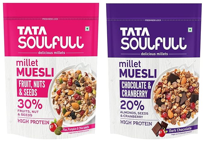 Tata Soulfull Chocolate and Cranberry Millet Muesli, with Dark Chocolate, 500g & Tata Soulfull Fruits, Nuts & Seeds Millet Muesli, Contains Flax, Pumpkin & Chia Seeds, 500g