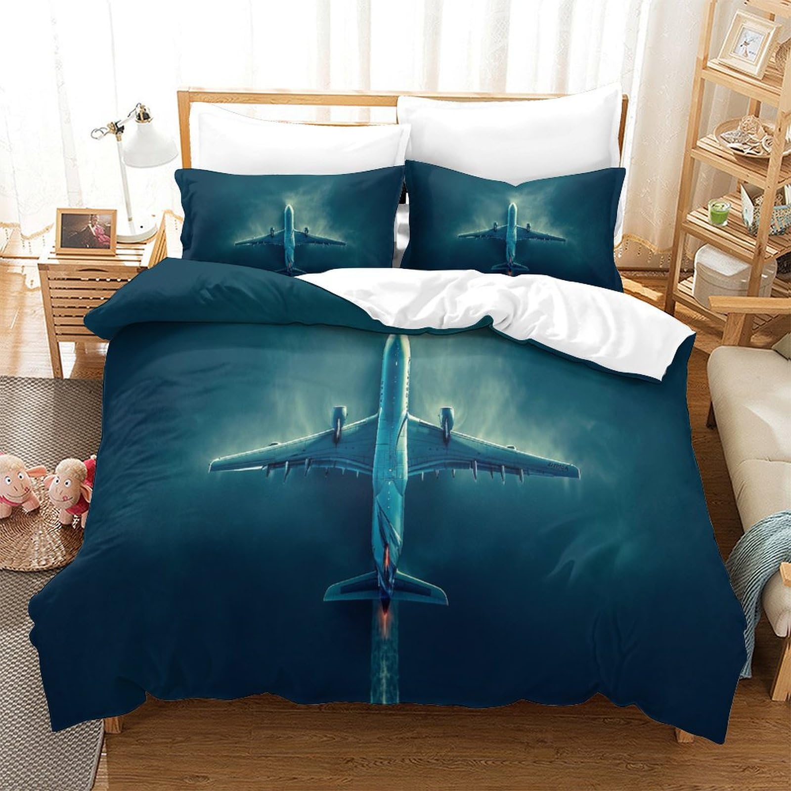 P1S9U7W5Y 3D Printed Airplane Duvet Cover Set 3pcs Microfiber Modern Aircraft Bedding Set King（220x240cm）
