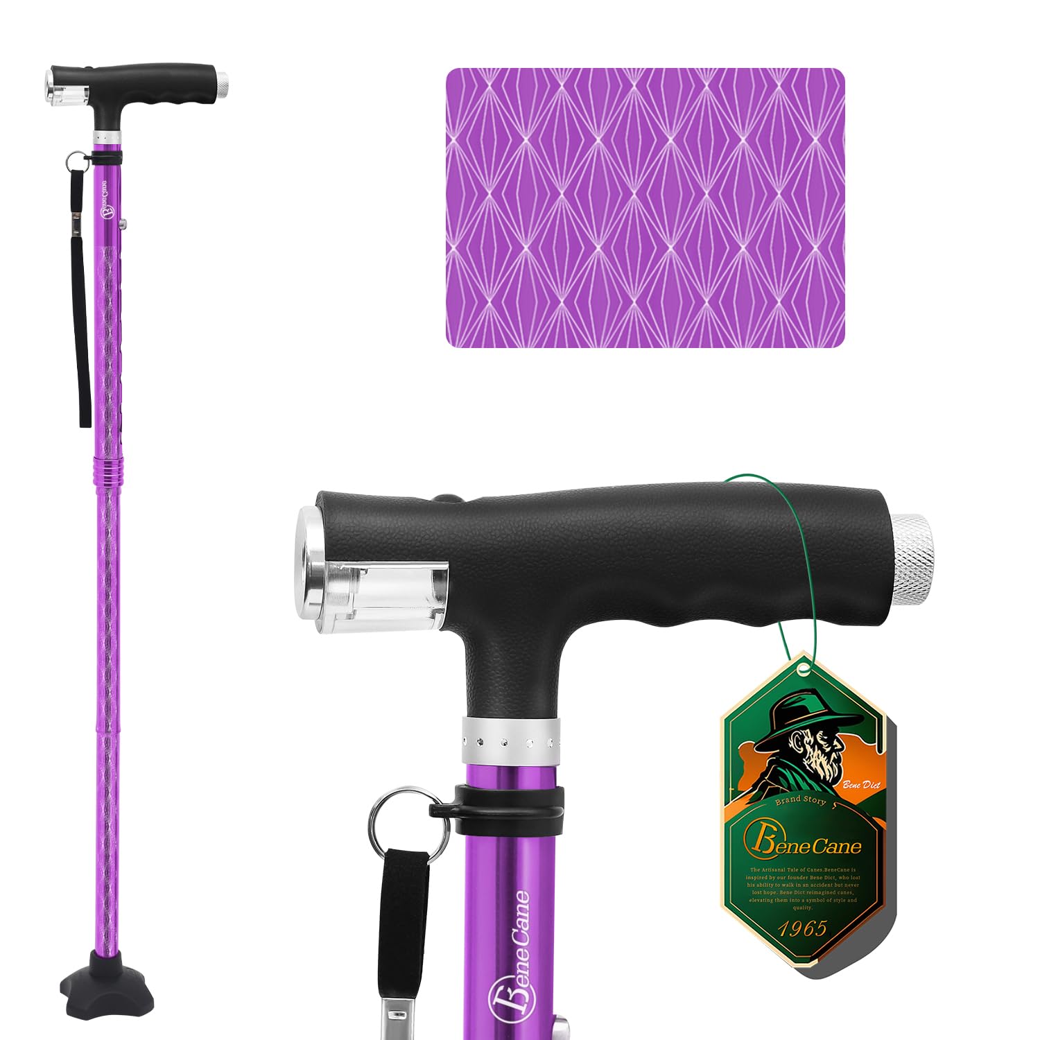 BeneCane Walking Cane for Women Folding Cane for Men with Two Led Lights Quad Cane with Stable Base Lightweight and Adjustable Walking Stick