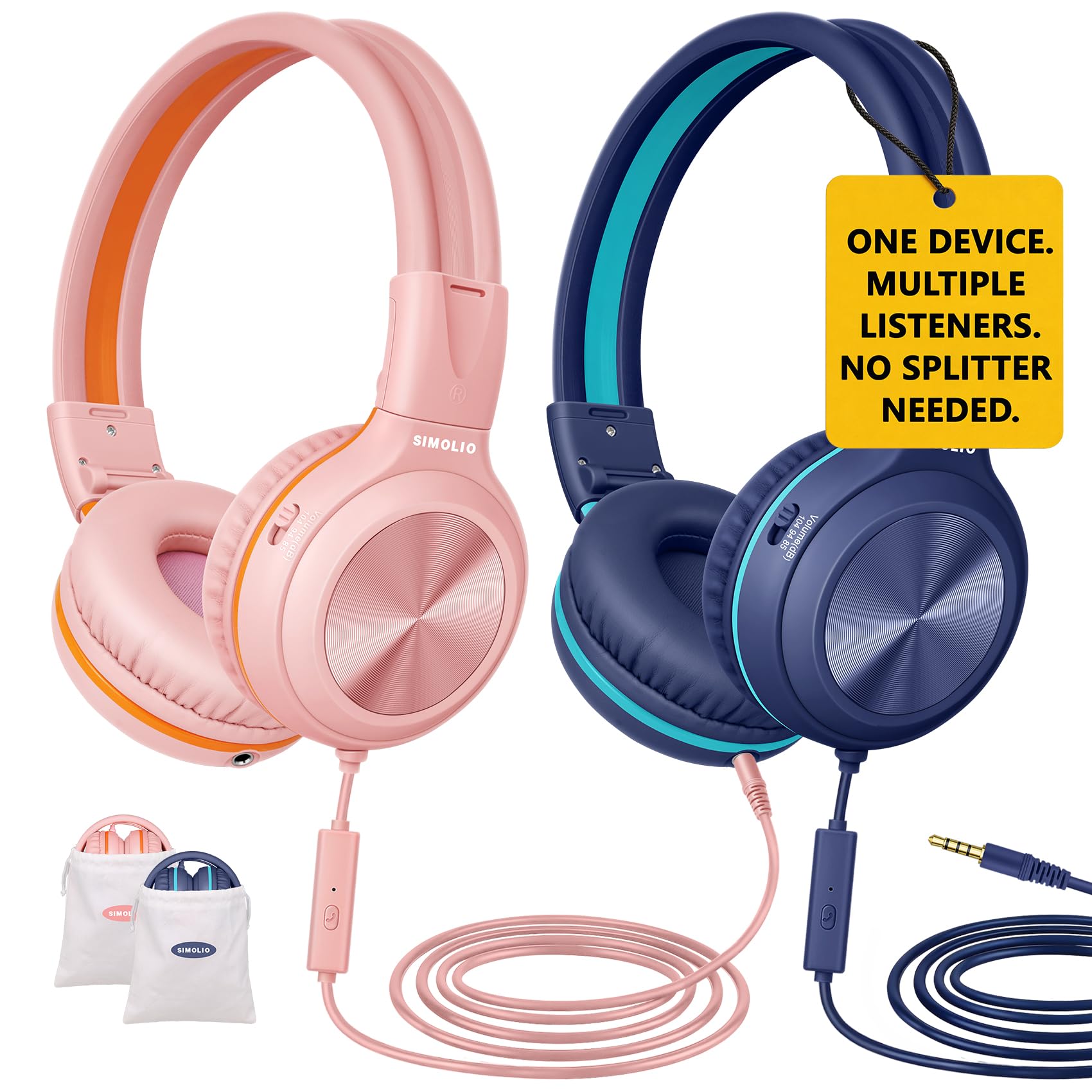 SIMOLIO 2 Incluye Auriculares con micrófono, Auriculares Plegables para niñas y niños Adolescentes, Auriculares Auriculares con límite de Volumen y 3,5 mm UX Share para tabletas móviles PC Chromebook