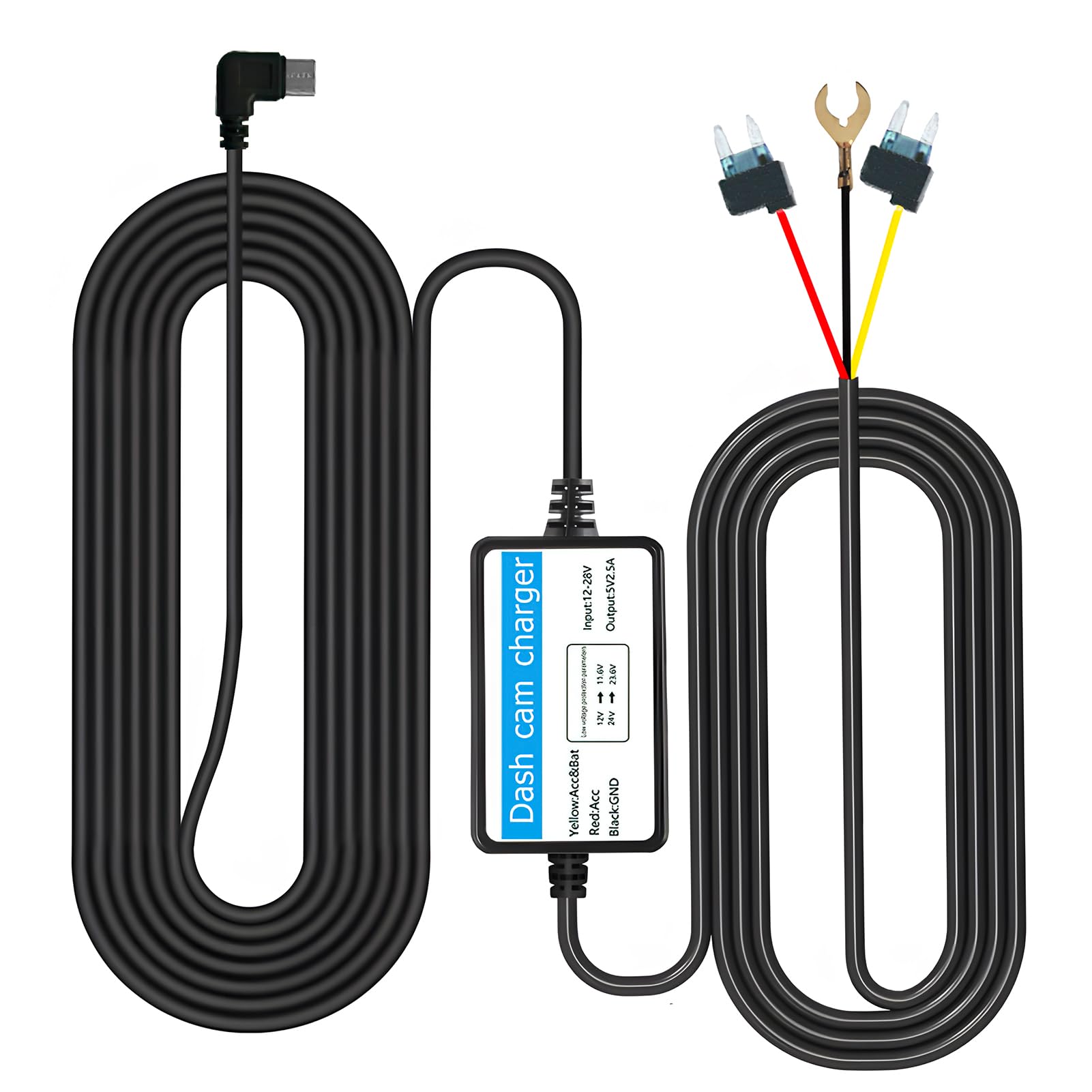 Dash Cam Hardwire Kit USB Type C Hard Wire Kit, Mini-Fuse, 3.5m USB C Port Wiring with Low Voltage Protection, Converts 12V-24V to 5V/3A Car Camera Charge Power Cord Kit for Dashcam GPS Power Supply