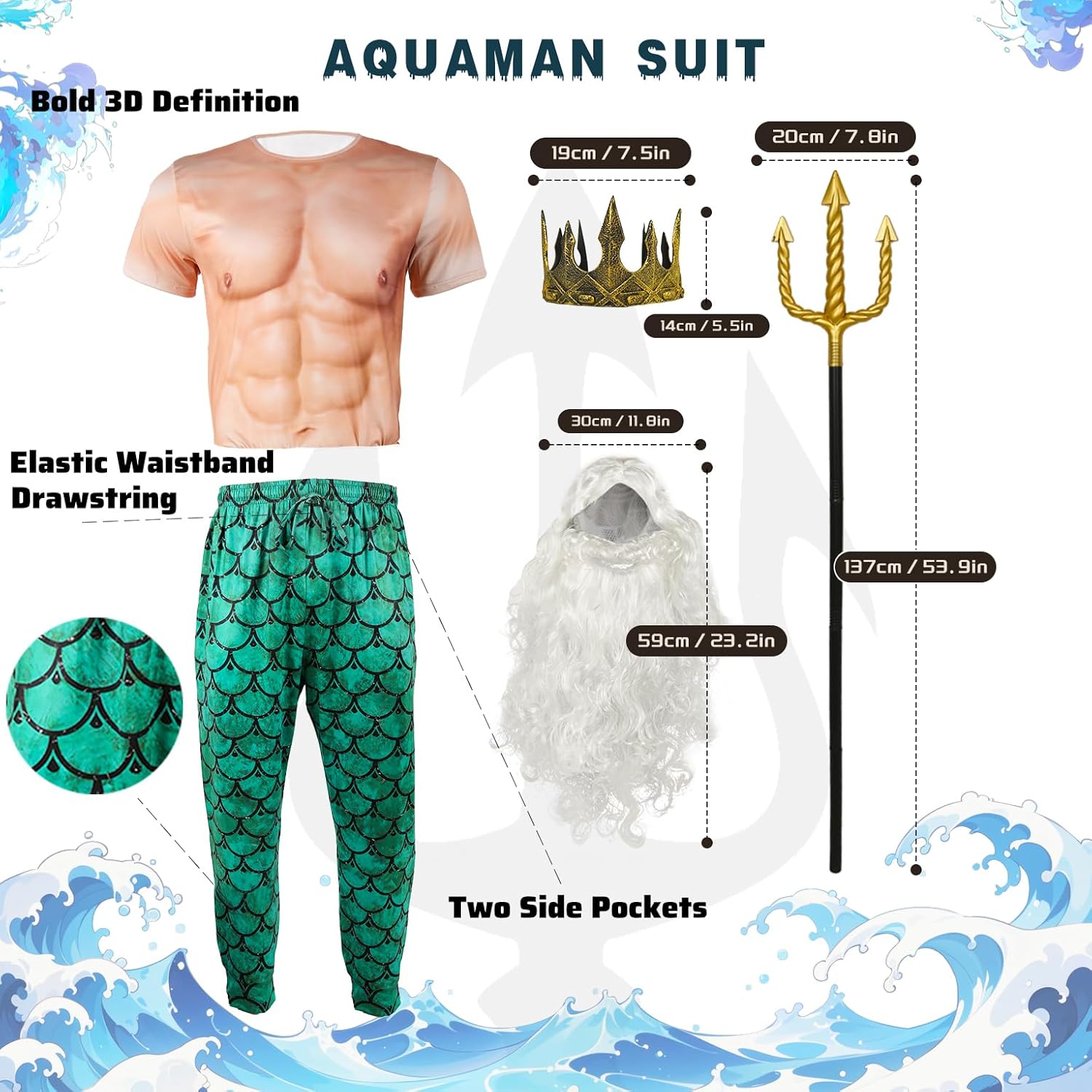 5 Pcs Halloween Poseidon Costumes Cosplay God of The Sea Mermaid Pants Muscle Shirt Trident Scepter Wig Beard and King Crown - Image 2