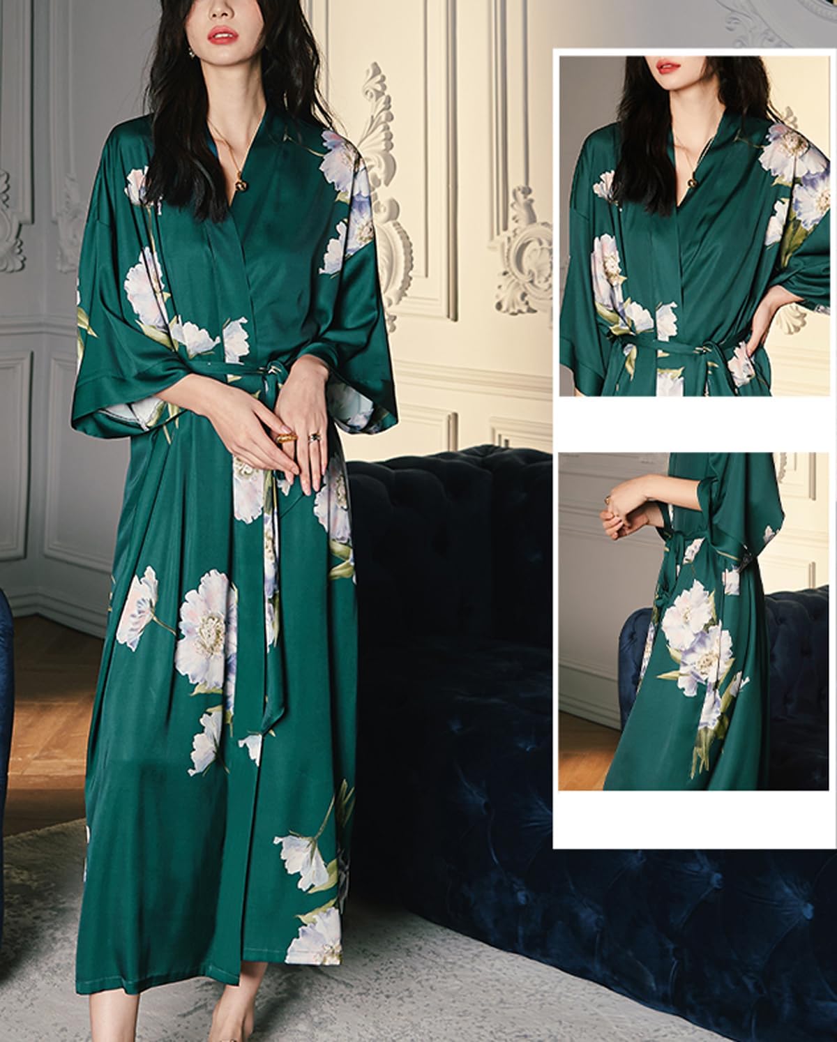 Silk Satin Robe for Women Long Japanese Kimono Robe Lightweight Soft Bathrobe Floral Luxury Dressing Gown - Image 5