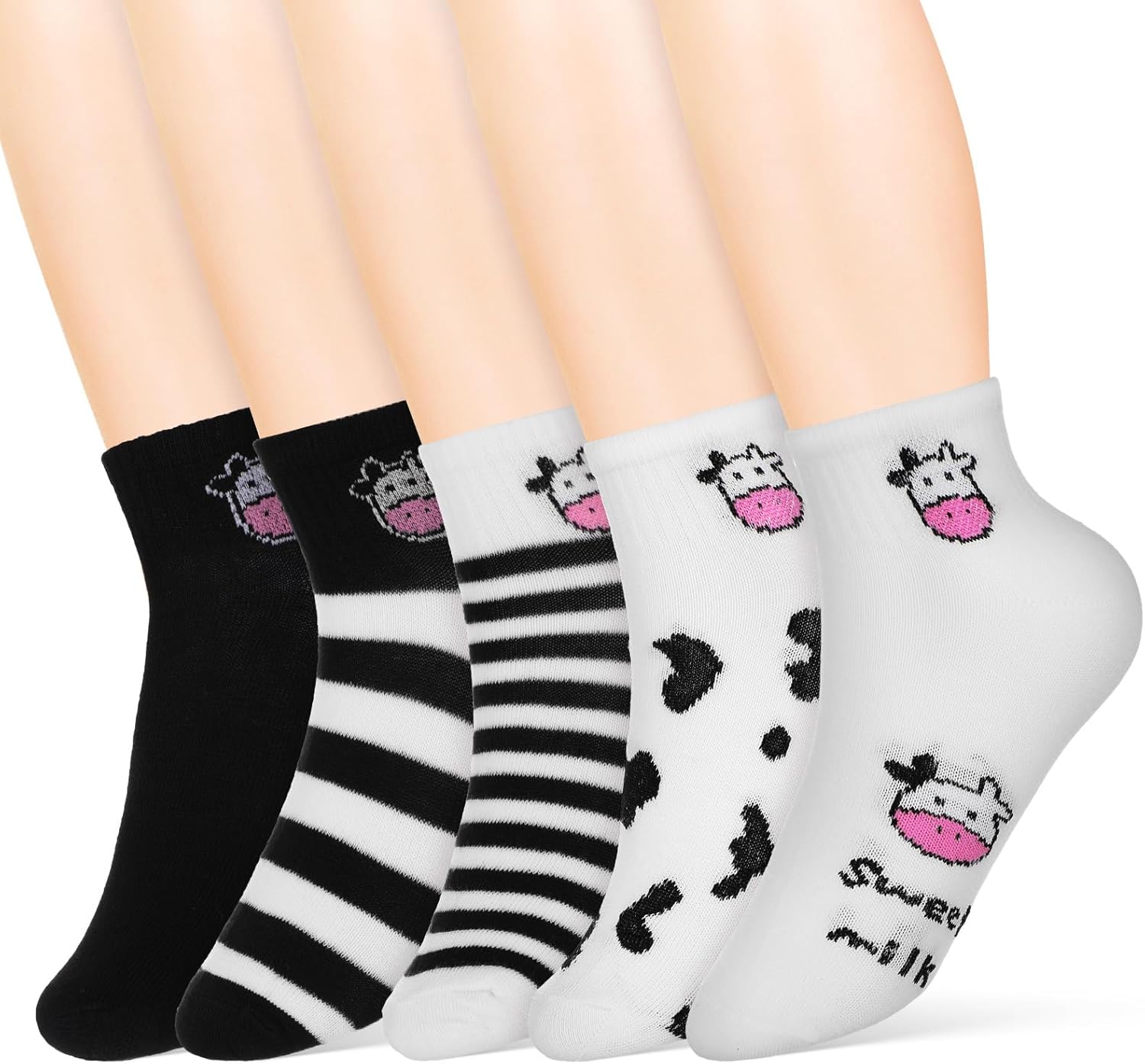 Cow Socks For Women Girls, 5 Pairs Cow Print Sock For Kids, Cute Cotton Striped Ankle Socks, Black White Short Casual Socks For Winter Christmas New Year Gift