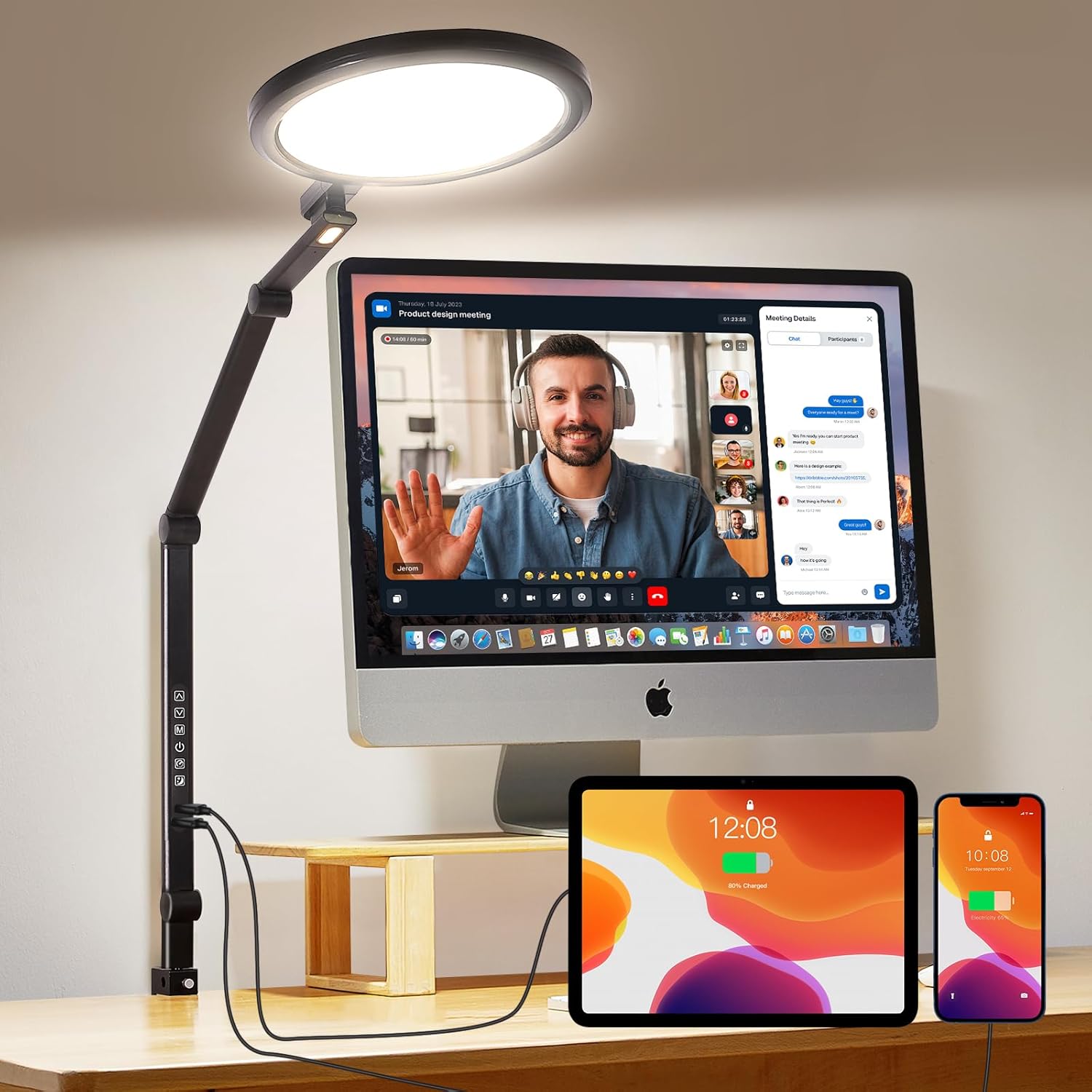 Video Conference Lighting for Computer, Adjustable 5 Color Temperature 5 Brightness, Dimmable LED Desk Ring Light for Video Calls, Zoom Lighting with Memory & Timer Func,CRI 97
