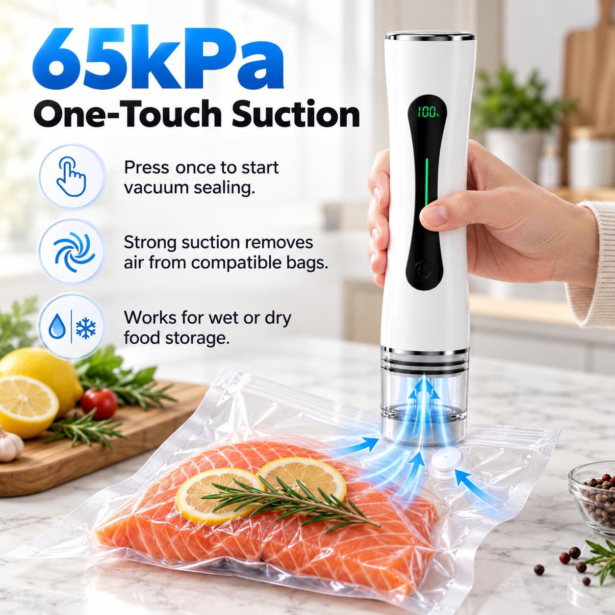 Selladora de Mano Recargable, Succión de 65 kPa, Hasta 720 Sellos