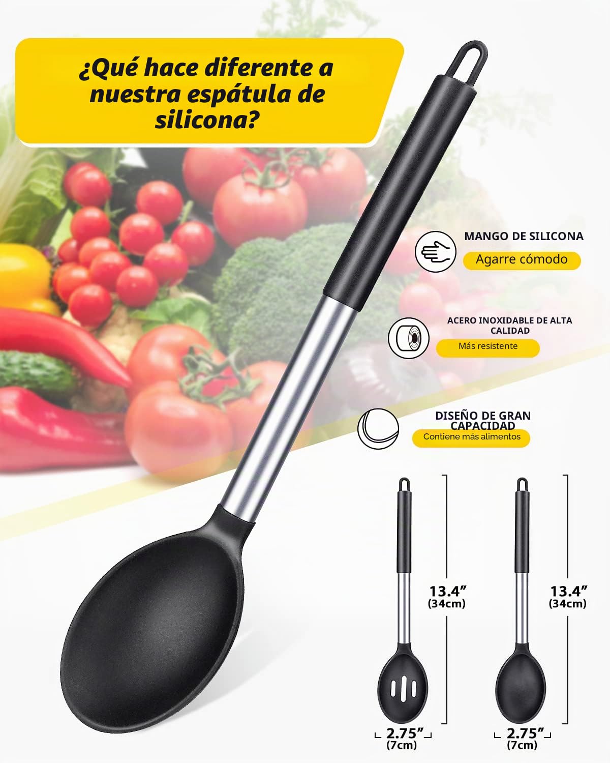 Paquete de 2 Cucharón de Silicona, Cucharas Grandes Solidas, Utensilios de Cocina para Mezclar, Cocinar, Servir y Freir Comida, Verduras, Salad（Negro）