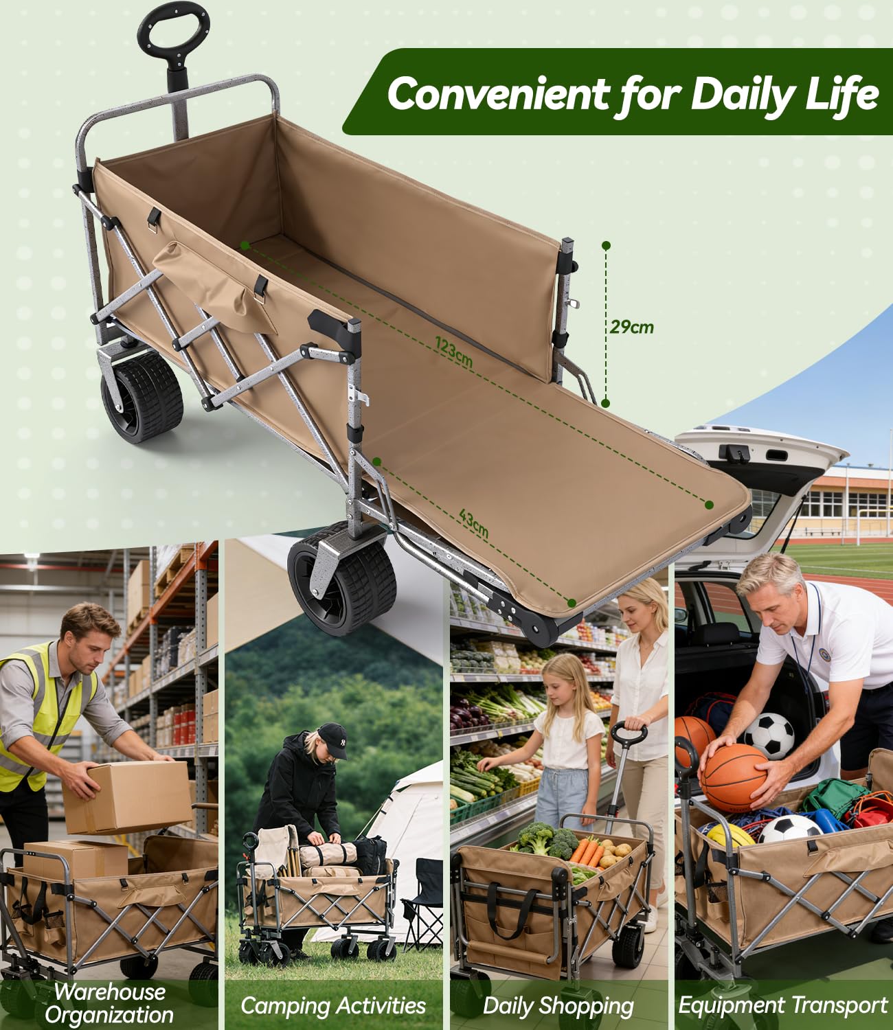 Carro Plegable de Transporte para Festivales con Ruedas Grandes, Capacidad de 200kg, Carro de 300L, Resistente Carrito de Camping con Mango Ajustable para Playa, Pesca, Jardín, Compras