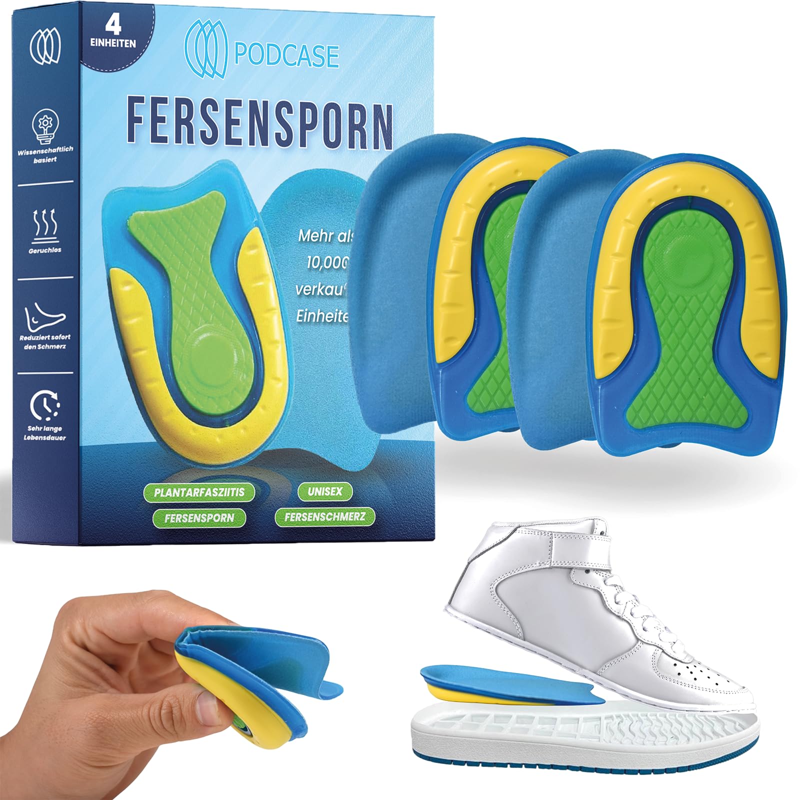 Podcase Fersensporn-Einlagen 4er-Set - Silikon-Gel zur Korrektur von Fersensporn & Plantarfasziitis - Unisex Grün L (41-