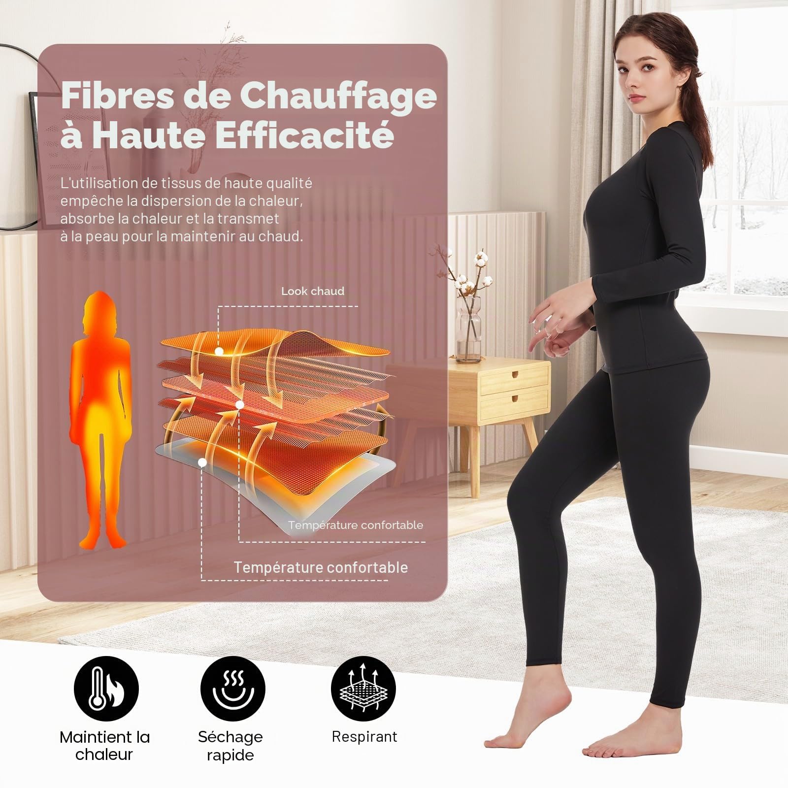 TBoonor Vêtements Thermiques pour Femmes, sous-vêtements Respirants et Fonctionnels, de Ski avec Doublure en Polaire – Ensemble Thermique Ultra Doux pour l’Hiver, Idéal pour la Maison et Le Sport