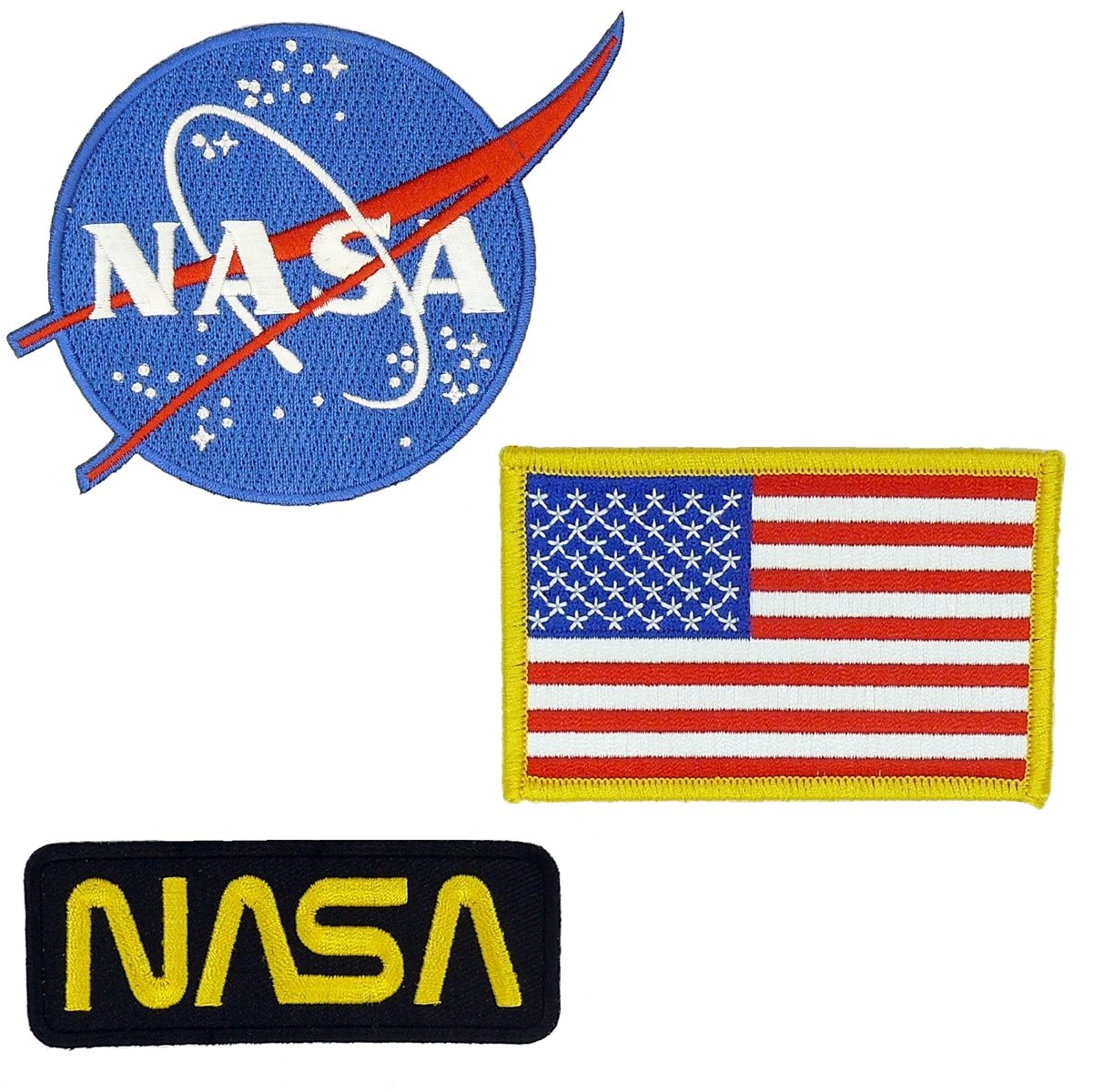 NASA Blue Logo, USA Flag, NASA Black + Gold Iron-On/Sew-On Embroidered Patch for Halloween Costume/Backpacks/Hats, (3 Pcs) - by Mr. Patches
