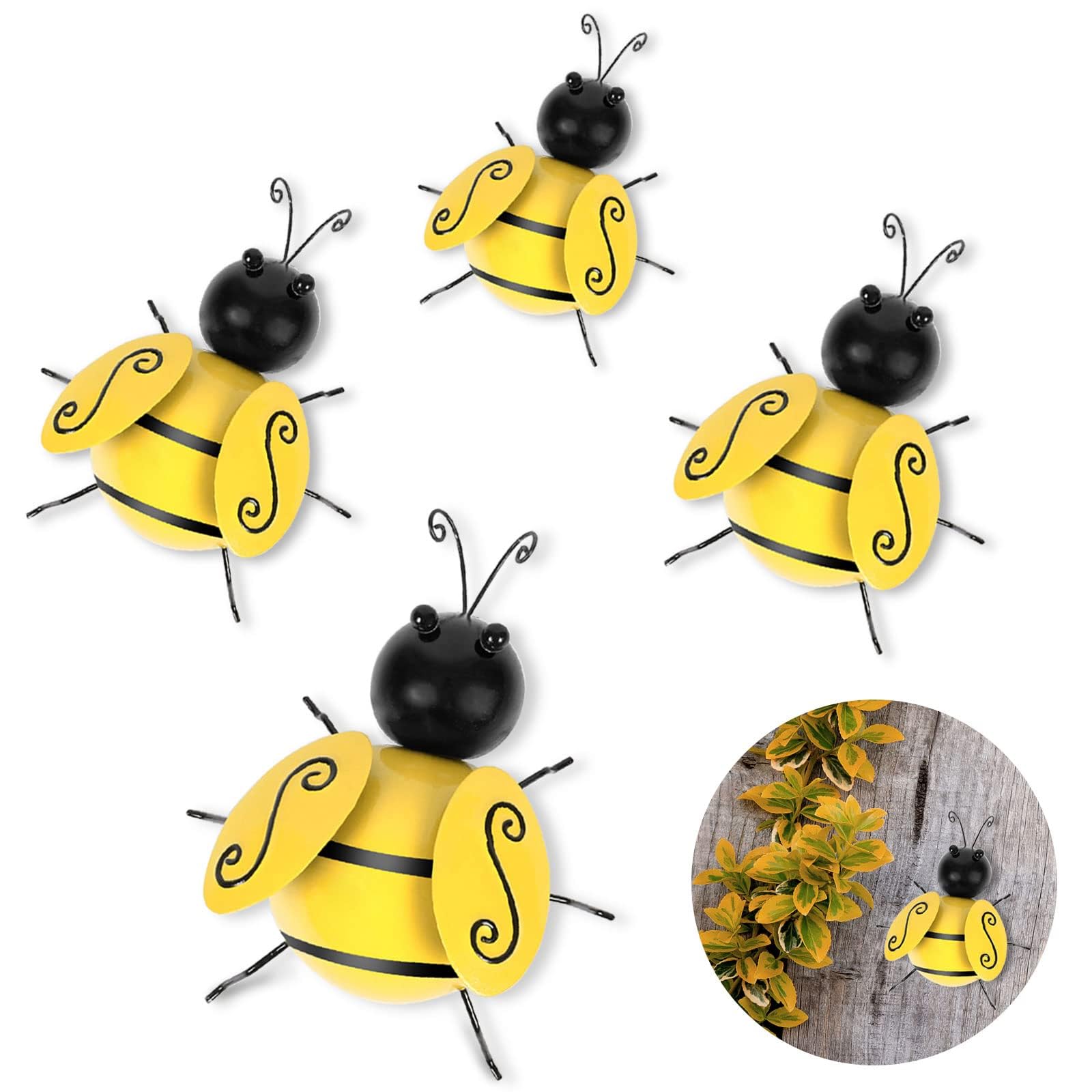 Metal Bumble Bee Decorations, 4Pcs Outdoor Metal Wall Art 3D Iron Bee Garden Ornament Hanging Decoration Animals Wall Decor for Fence Lawn Home