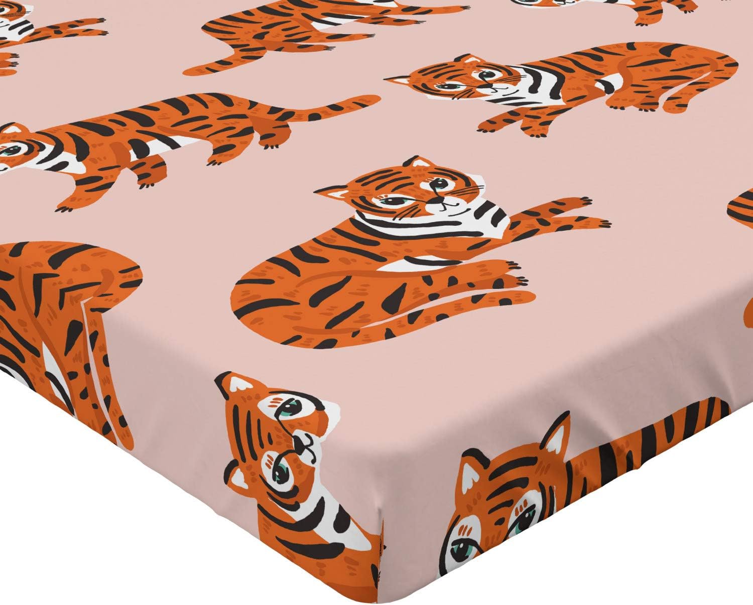 Ambesonne Safari Fitted Sheet, Fun Pattern of Tigers with Stripes Funky Wildlife Creatures, Bed Cover with All-Round Elastic Deep Pocket for Comfort, Queen Size, Blush Orange and Dark Grey
