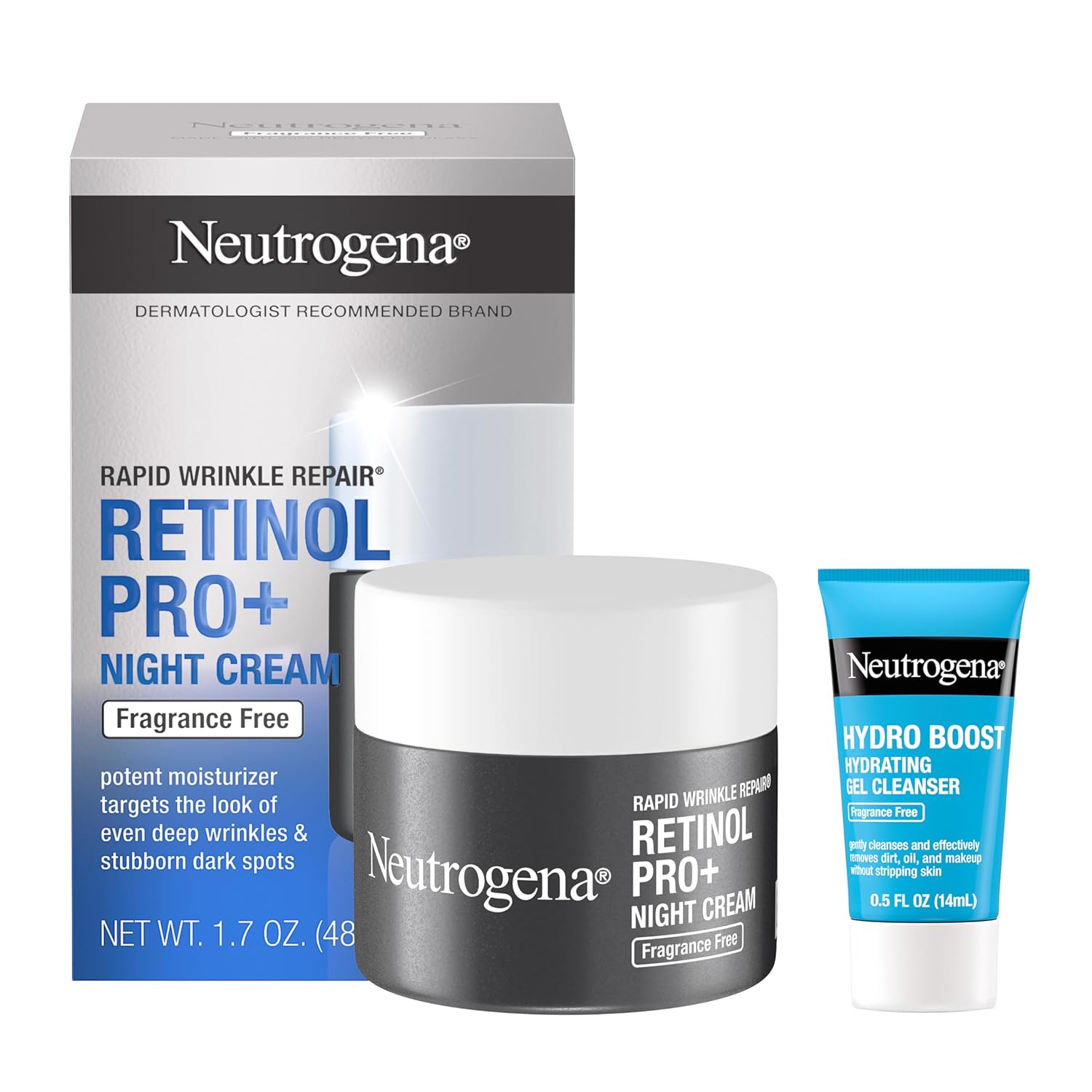 Neutrogena Rapid Wrinkle Repair Retinol Pro+ Night Cream Face Moisturizer, Anti-Aging Face Cream, 1.7 oz + Trial Size Hydro Boost Facial Cleanser, 0.5 fl. oz Neutrogena Rapid Wrinkle Repair Retinol Pro+ Night Cream Face Moisturizer, Anti-Aging Face Cream, 1.7 oz + Trial Size Hydro Boost Facial Cleanser, 0.5 fl. oz