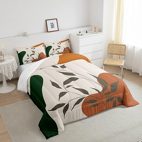 Miniatura 4 de Juego de edredón de hojas, tamaño King, color naranja y verde, juego de ropa de cama para niños y niñas, retro, exótico, arte moderno, abstracto,