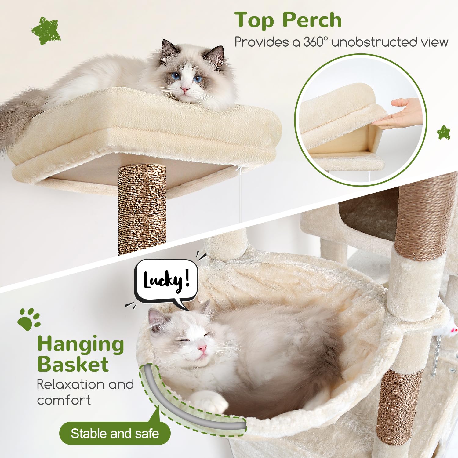 Globlazer Beige Rascador para Gatos Grandes XXL 207 cm con 3 Divertido Nidos Grande 45 * 35cm, Plataforma Amplio, Perchas, Cesta, Enorme Arbol Rascador para 4-5 Gatos Adultos Interiores (F81, Beige)