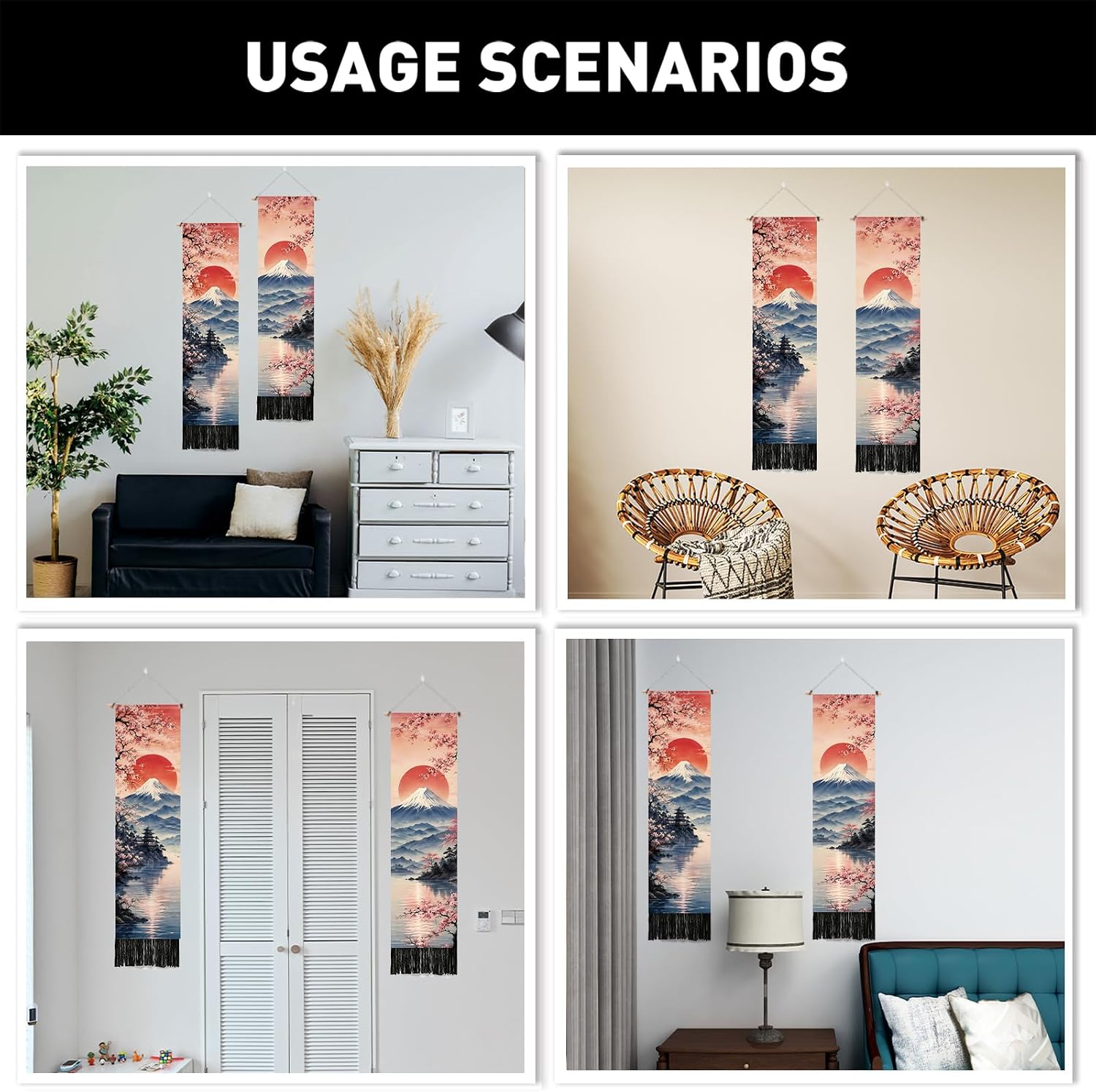 PLIGREAT 2 Pack Mount Fuji Vertical Tapestry, Moon Florals Aesthetic Wall Hanging for Bedroom Bathroom Living Room Vintage Long Narrow Wall Tapestry Dorm Room Home Art Decor image 5