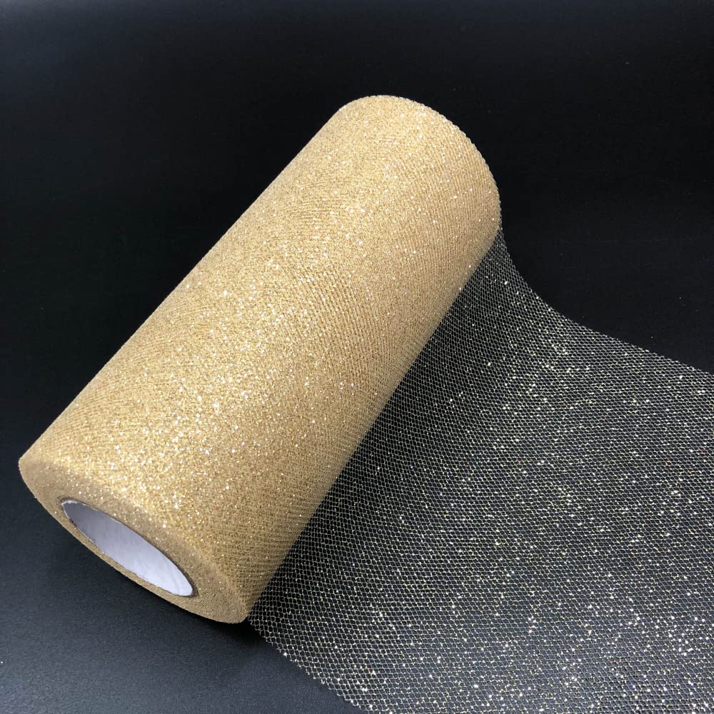 Sparkling Tulle Ribbon Roll 25 Yards 15cm Glitter Sequin Tulle Roll Mesh Baby Shower DIY Gift Handicraft Tutu Skirt Party Chair Sash Wedding Party Decoration (Champagne Gold)