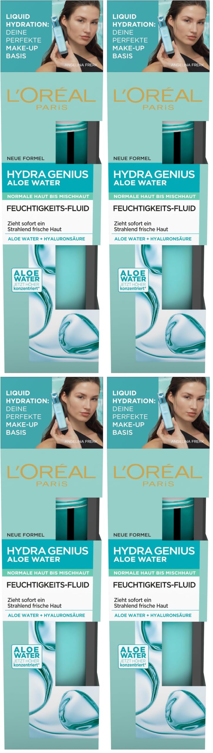 L'Oréal Paris Feuchtigkeitsfluid, Hydra Genius Aloe Water, Hydratation und Frische, Für normale Haut bis Mischhaut, Mit Aloe Water und Hyaluronsäure, 70ml (Packung mit 4)