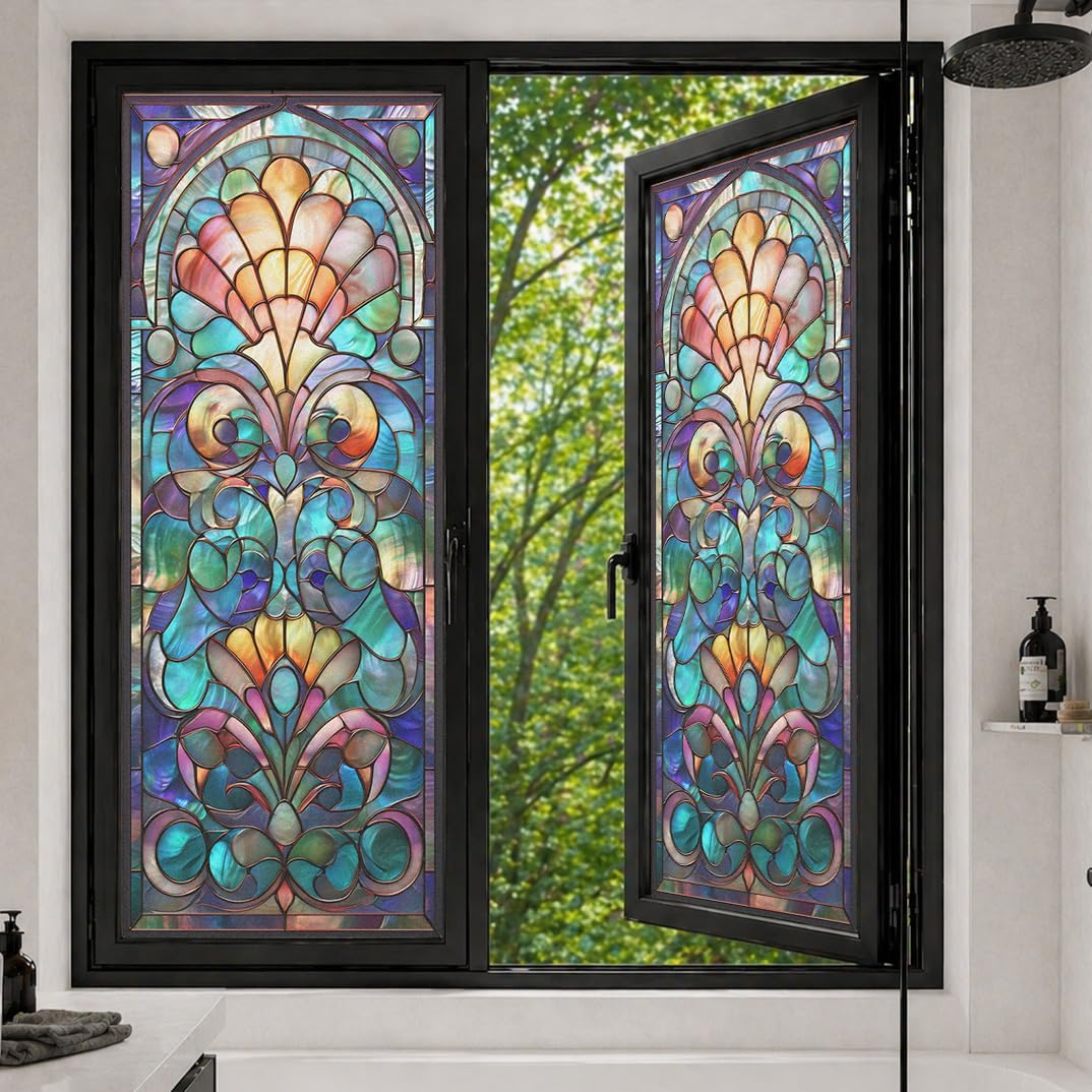 Colorful Stained Glass Privacy Window Film 17.51 x 39.37 Inches, Static Cling No Glue Removable No Residue, Cathedral Shell Pattern Sticker for Bathroom Bedroom Cabinet Glass Door
