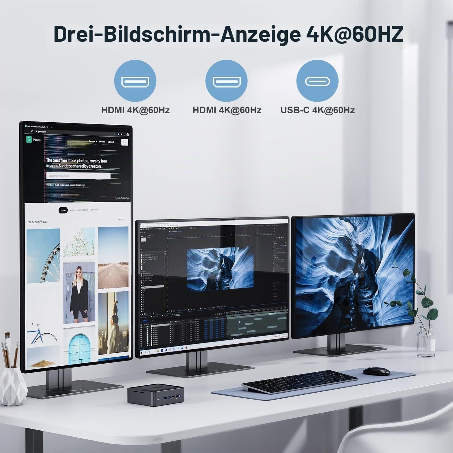 ALLIWAVA U58 Mini PC AMD Ryzen 7 5825U 16GB DDR4 512GB NVME SSD (8C/16T, bis zu 4.5 GHz), WiFi 6E & BT5.2, 2X HDMI & USB-C Dreifacher 4K60Hz-Ausgang, Home-Büro und Multimedia Computer
