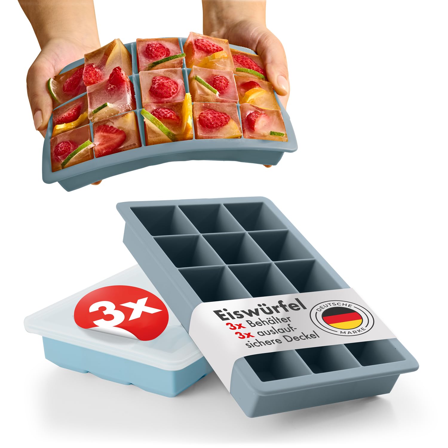 Blumtal Eiswürfelformen Silikon 3er Set - 15er Eiswürfelform mit Deckel - BPA-freie Silikon Eiswürfelform - Ice Cube Tray lebensmittelecht - Ice Tray - Graublau + Graublau + Hellblau