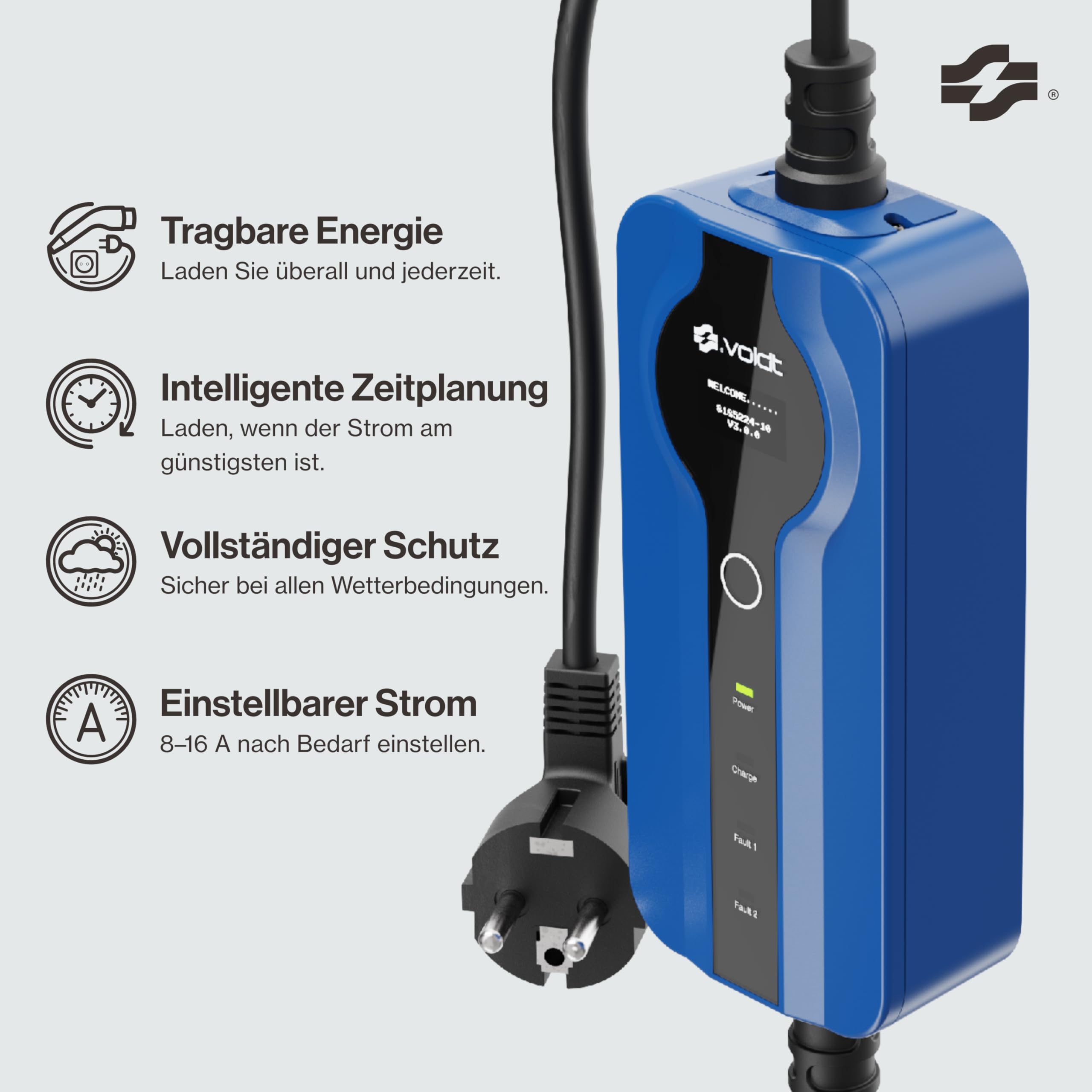 VOLDT Typ 2 Ladekabel Schuko 3,7 kW, 1-phasig, 8A - 16A, verstellbare EV-Ladegerät mit steuerbarer Digitalanzeige für Elektroauto, Ladekabel für Elektrofahrzeuge, IP67 wasserdich