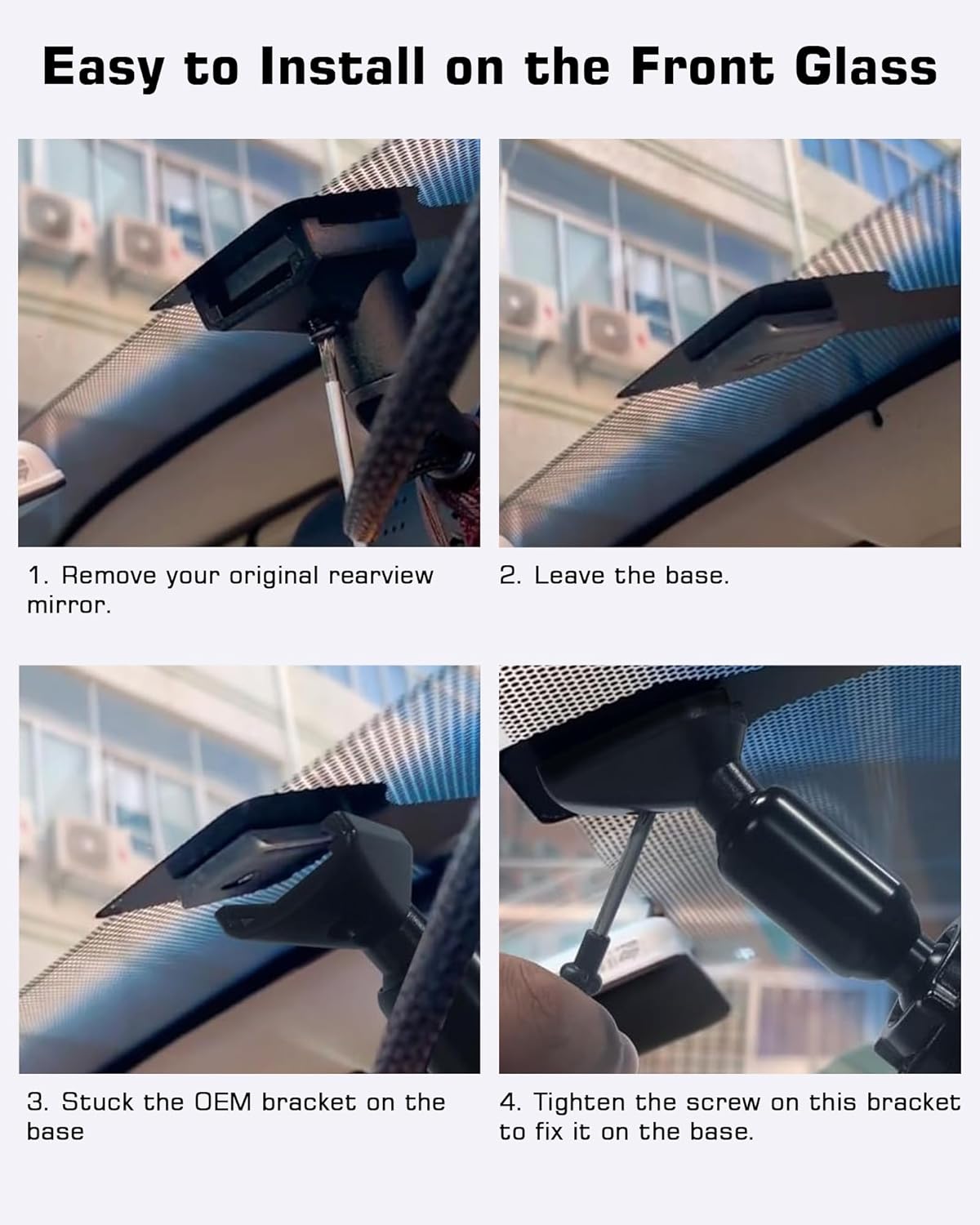Four-step visual guide for installing the OEM bracket onto the vehicle's rearview mirror base.