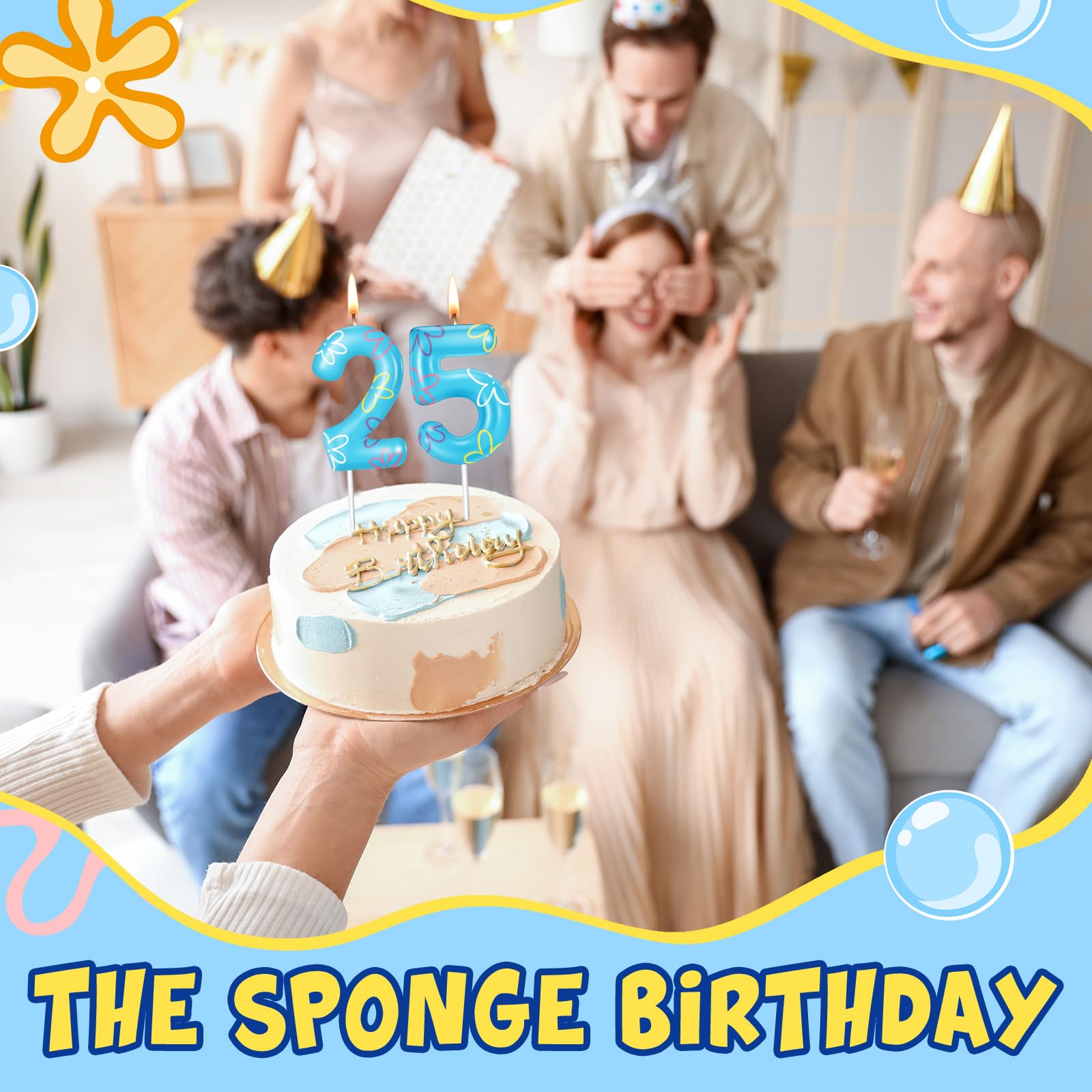 Conelist Vela con números de cumpleaños, esponjas, flores, nubes, decoraciones para cupcakes, velas de fiesta para decoración de cumpleaños con temática de esponja, suministros de decoración de