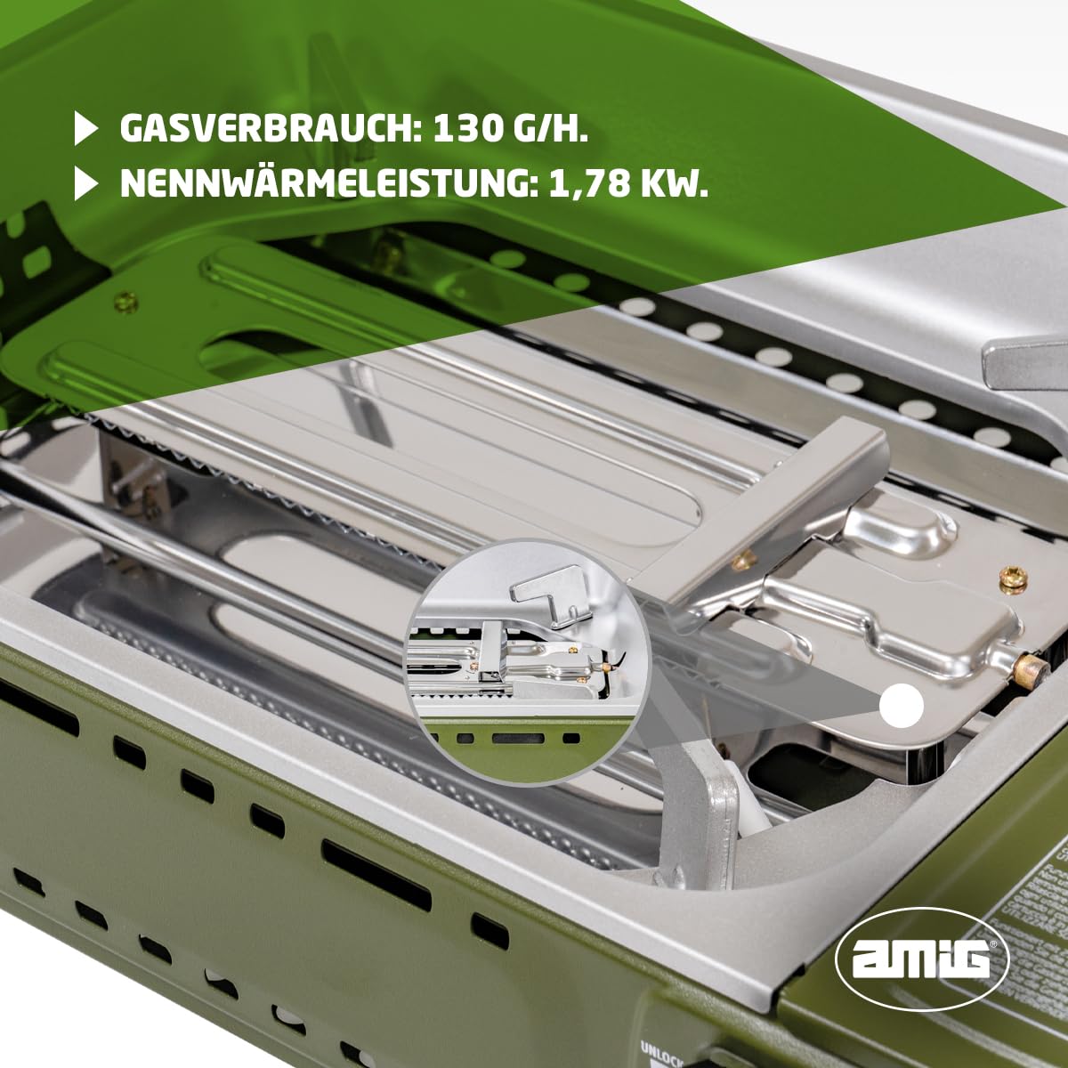 Amig - Camping Gas BBQ01, Tragbare Küche, Grillkocher - Aluminiumguss Grillplatte, Mit Edelstahl-Fettauffangschale, 1,8 kW Leistung, Kompatibel mit B-250 Kartuschen